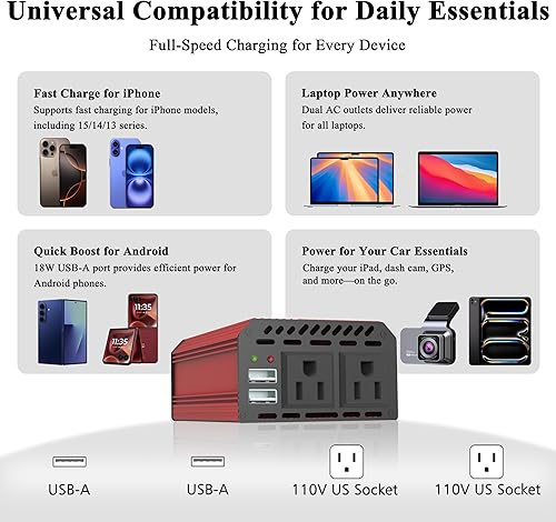 Miniatura 3 de Inversores de potencia de 400 W para vehículos, convertidor de inversor de automóvil de CC de 12 V a 110 V CA, puertos de carga USB duales de 6.2 A,
