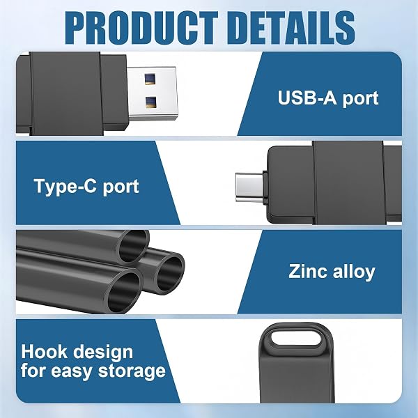 Clé USB 128 Go Réversible USB-C & USB-A, Transfert Rapide 200 MB/s, Stockage Téléphone Portable, Boîtier en Alliage d’Aluminium, Compatible et Smartphones, Plug & Play, Noir - 3