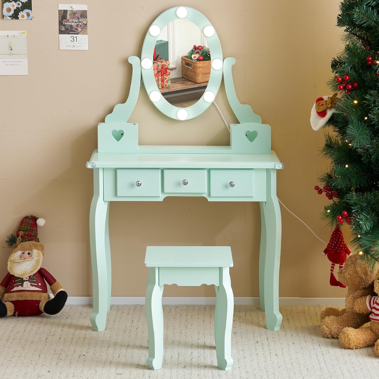 Kids Vanity with Stool, Girls Vanity Set with Lighted Mirror, Modern Kids Vanity Table and Chair Set, Makeup Dressing Princess Table with Drawers for Little Girls (Light Green)