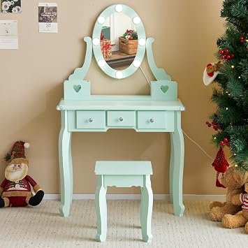 Kids Vanity with Stool, Girls Vanity Set with Lighted Mirror, Modern Kids Vanity Table and Chair Set, Makeup Dressing Princess Table with Drawers for Little Girls Light Green