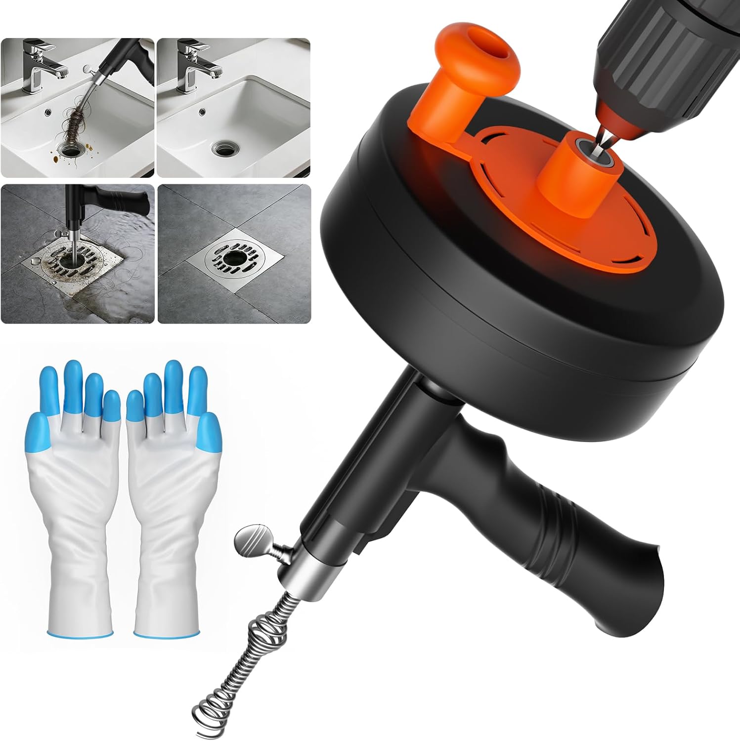 25FT Heavy Duty Drain Auger, Professional Plumbing Snake with Drill Adapter, Manual & Powered Clog Remover for Kitchen, Bathroom, Shower Sink & Bathtub, Flexible Pipe Snake Cleaner with Gloves