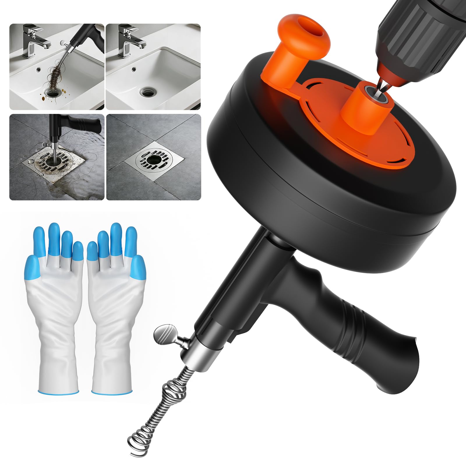 Taladro de drenaje resistente de 25 pies, serpiente de fontanería profesional con adaptador de taladro, removedor de obstrucciones manual y eléctrico para cocina, baño, fregadero de ducha y bañera