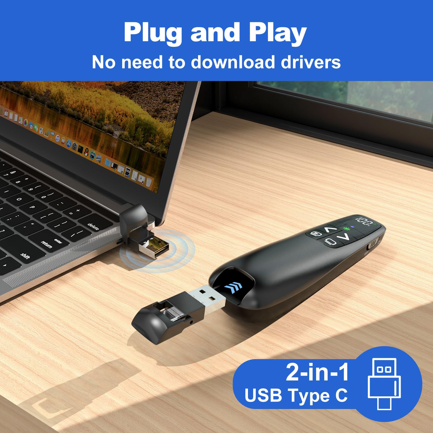 Drahtloser Präsentationsklicker mit grünem Zeiger, Power-Smart-Digitalanzeige, PowerPoint-Präsentations-Fernbedienung, wiederaufladbar, USB C, A, Google Slide Advancer für Mac, Laptop, PC, Computer
