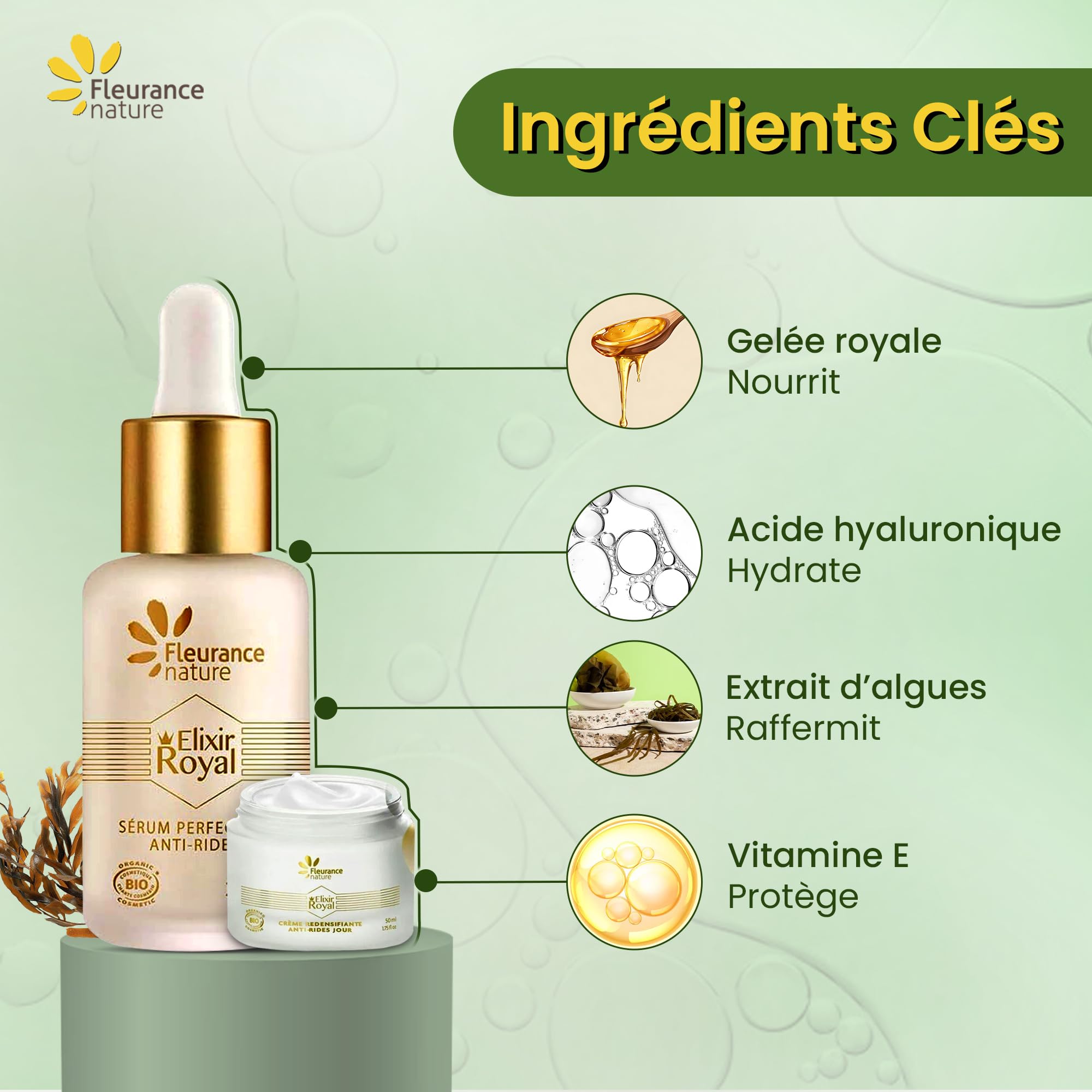 Fleurance Nature, Zestaw Elixir Royal, prezent do pielęgnacji twarzy dla kobiet, kosmetyki organiczne z certyfikatem ecocert, piękno kobiety, serum i krem do twarzy