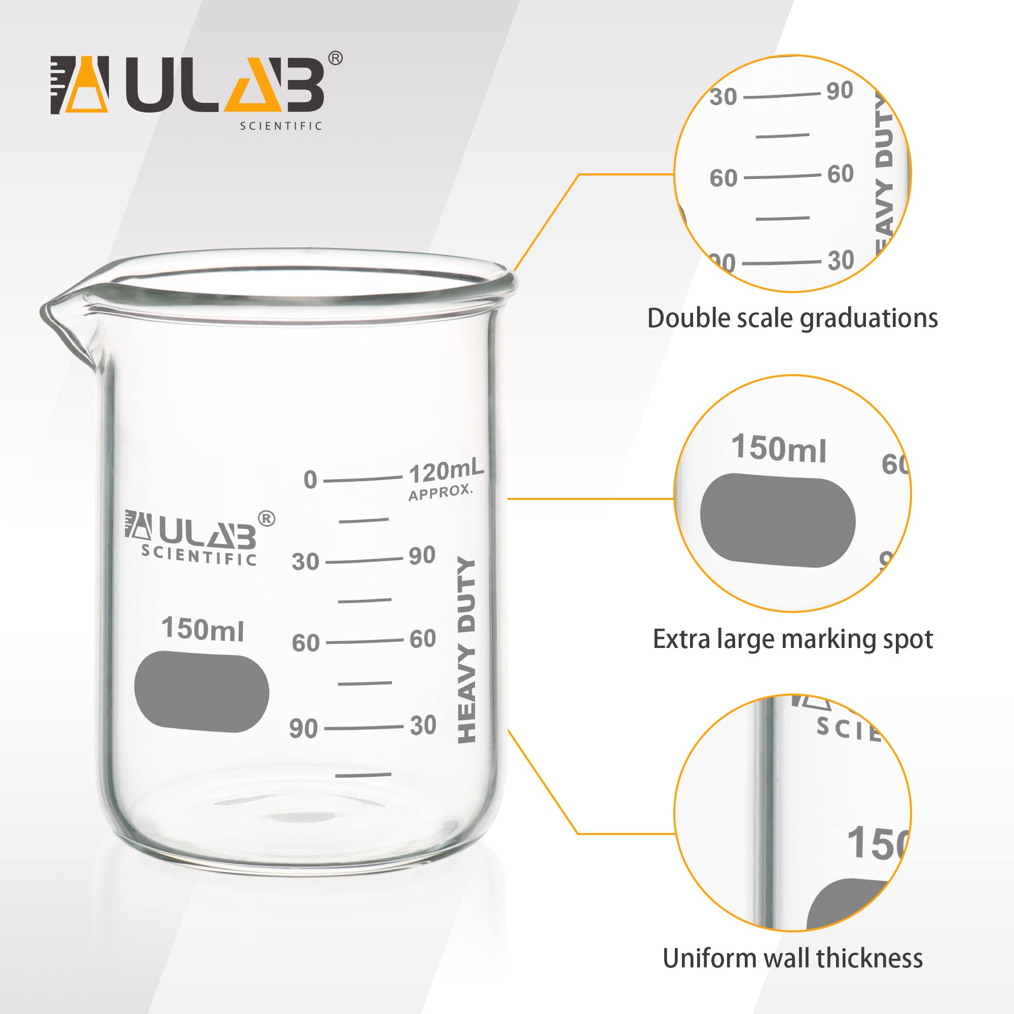 ULAB Heavy Duty Glas Becher, 6pcs von Vol.150ml(5.07oz), Borosilikat 3.3 Glas, dicke Wand Becher, mit doppelter Skala, Superior Durability & chemische Beständigkeit, UBG1052