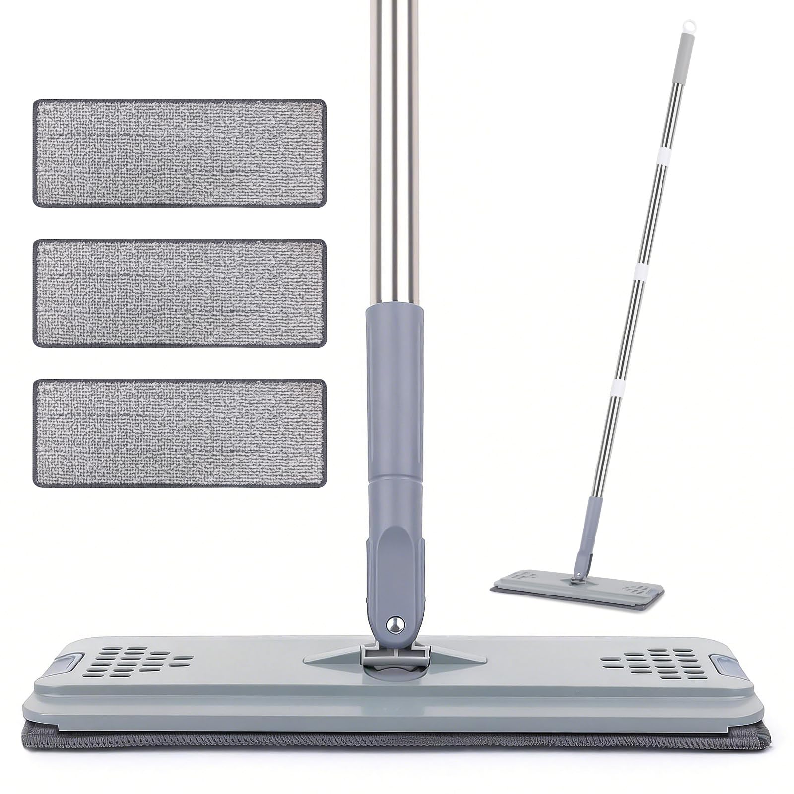 Flat Mop with 3 Pads, Microfiber Mops for Floor Cleaning Adjustable Handle 29-49, Dust Mop for Hardwood Floors, Wet Dry Use on Laminate Wood Tile Vinyl Wall Mopping Bathroom Kitchen Household Supplies