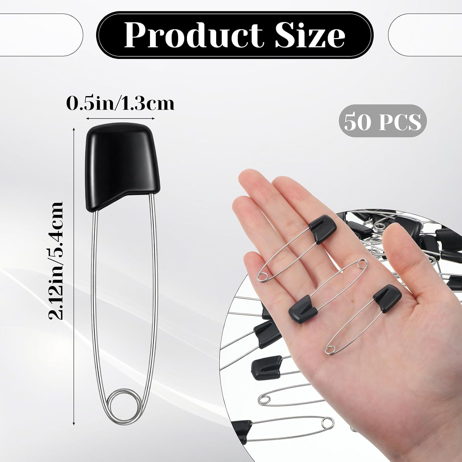 50Pcs Safety Pins for Diaper, 5.5CM Black Plastic Head Cloth Diaper Nappy Pins with Locking Closures Stainless Steel Pins for Clothes, Sewing, Craft Supplies