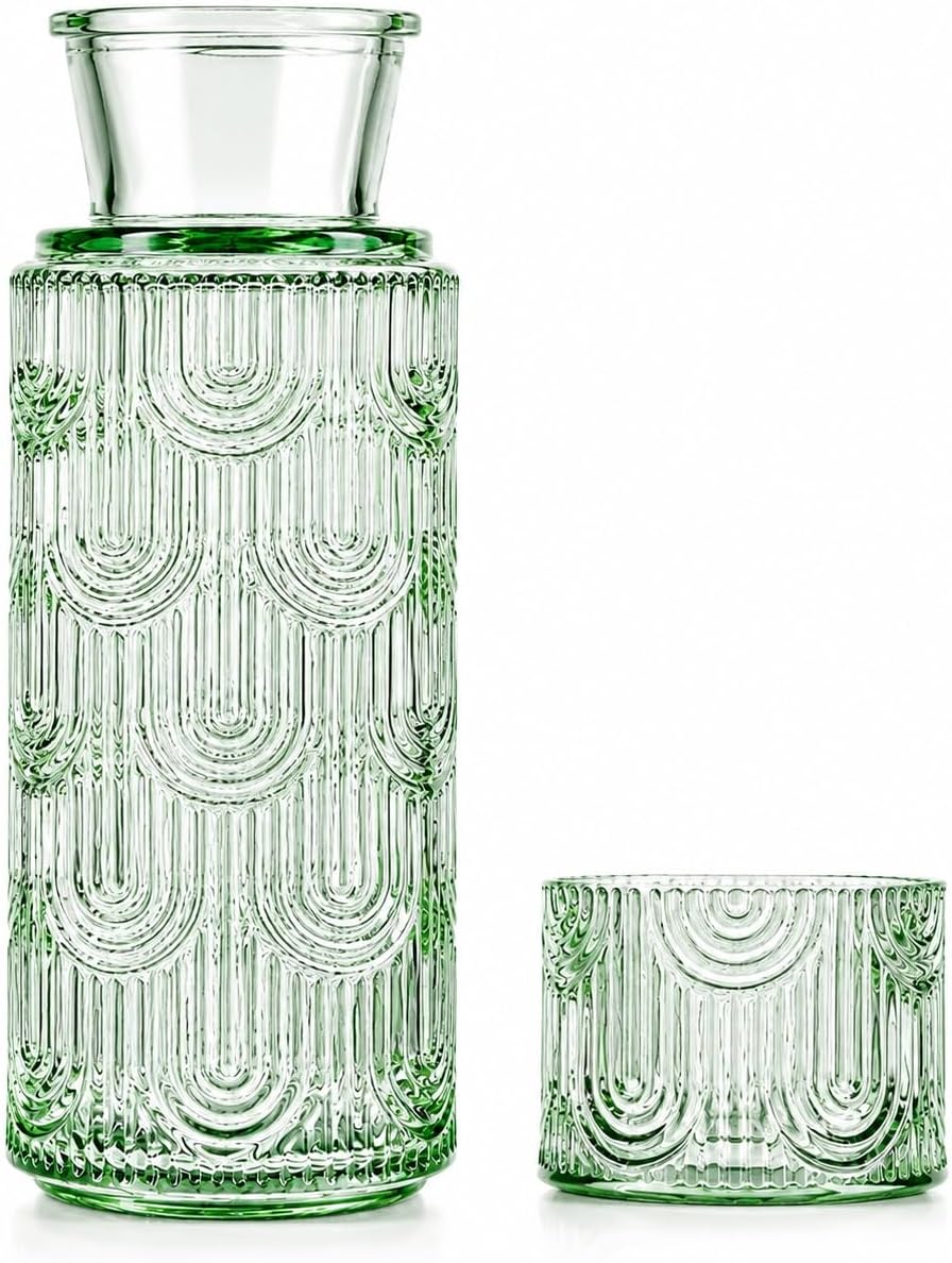 Vintage Bedside Water Carafe and Glass Set for Nightstand, 21.6oz, Green