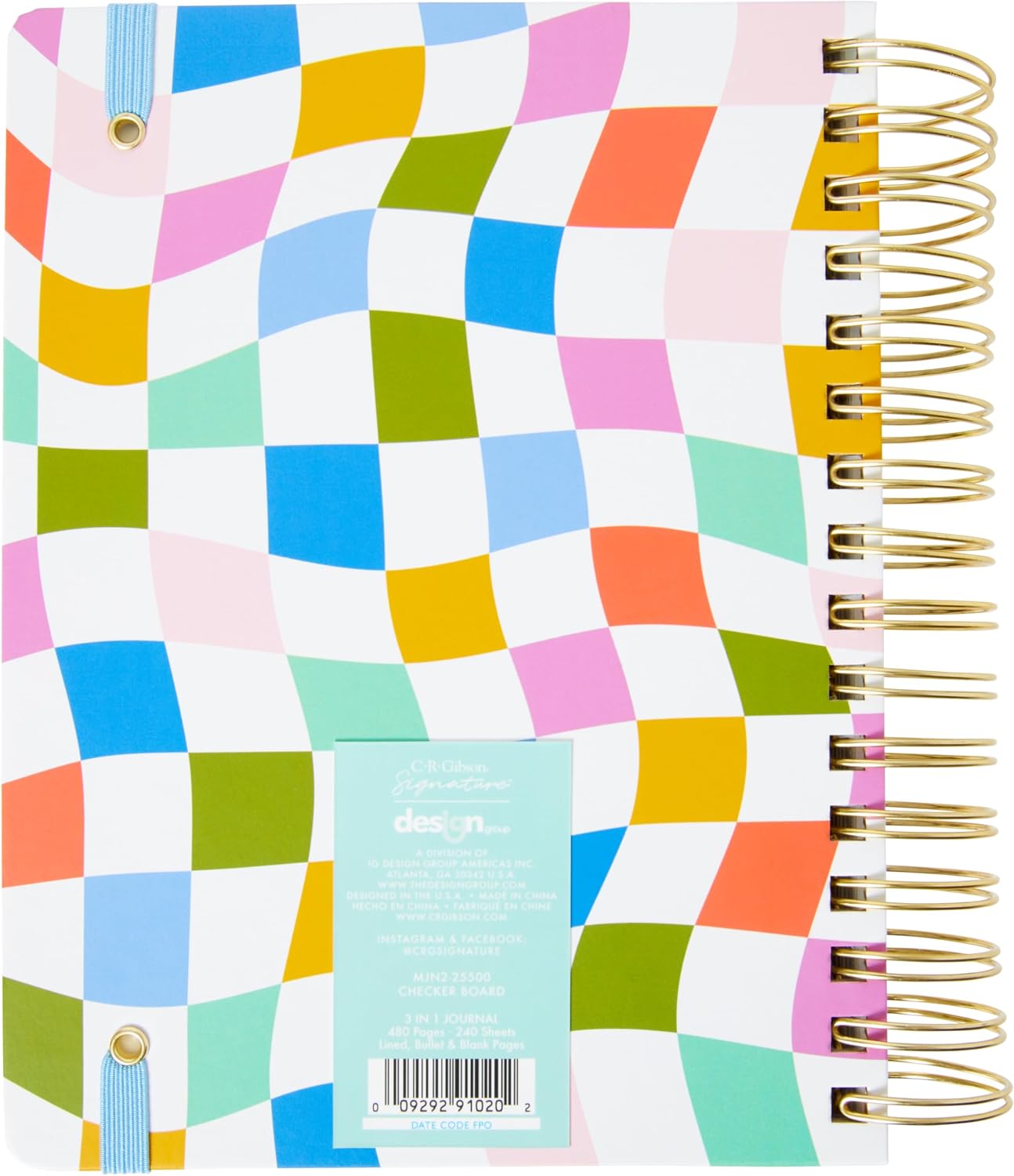 C.R. Gibson MJN2-25500 Signature Checkerboard Twin Wire 3-in-1 Blank, Dot Grid, and Lined Journal with 480 Pages, 8.5" x 8.5", Multicolor