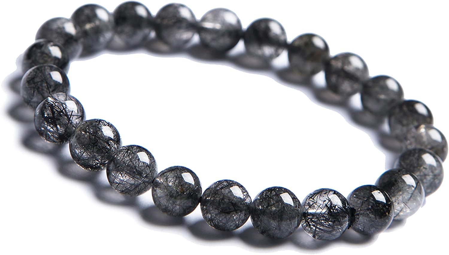 Brazil 8mm Natural Black Rutilated Quartz Gemstone Crystal Stretch Round Bead Bracelet