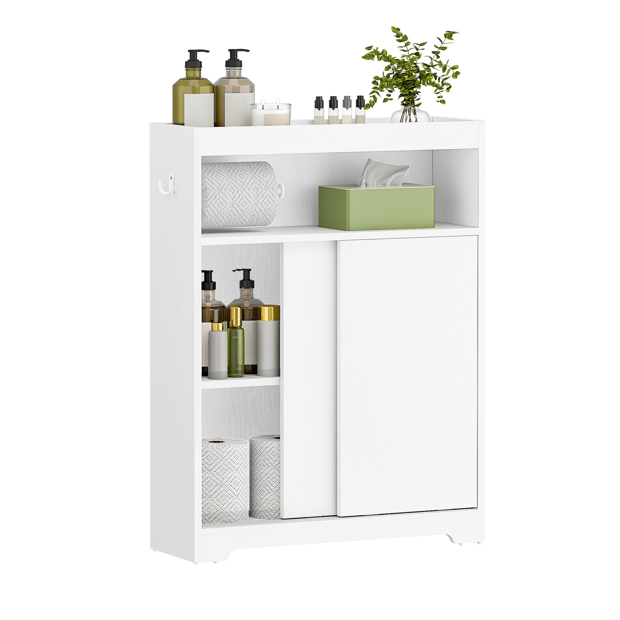 Hzuaneri Meuble de Salle de Bain, Meuble Toilette avec Rangement Papier Toilette et Crochets, Portes Coulissantes, Étagère Réglable, 20 x 60 x 80 cm, Blanc BC62813X