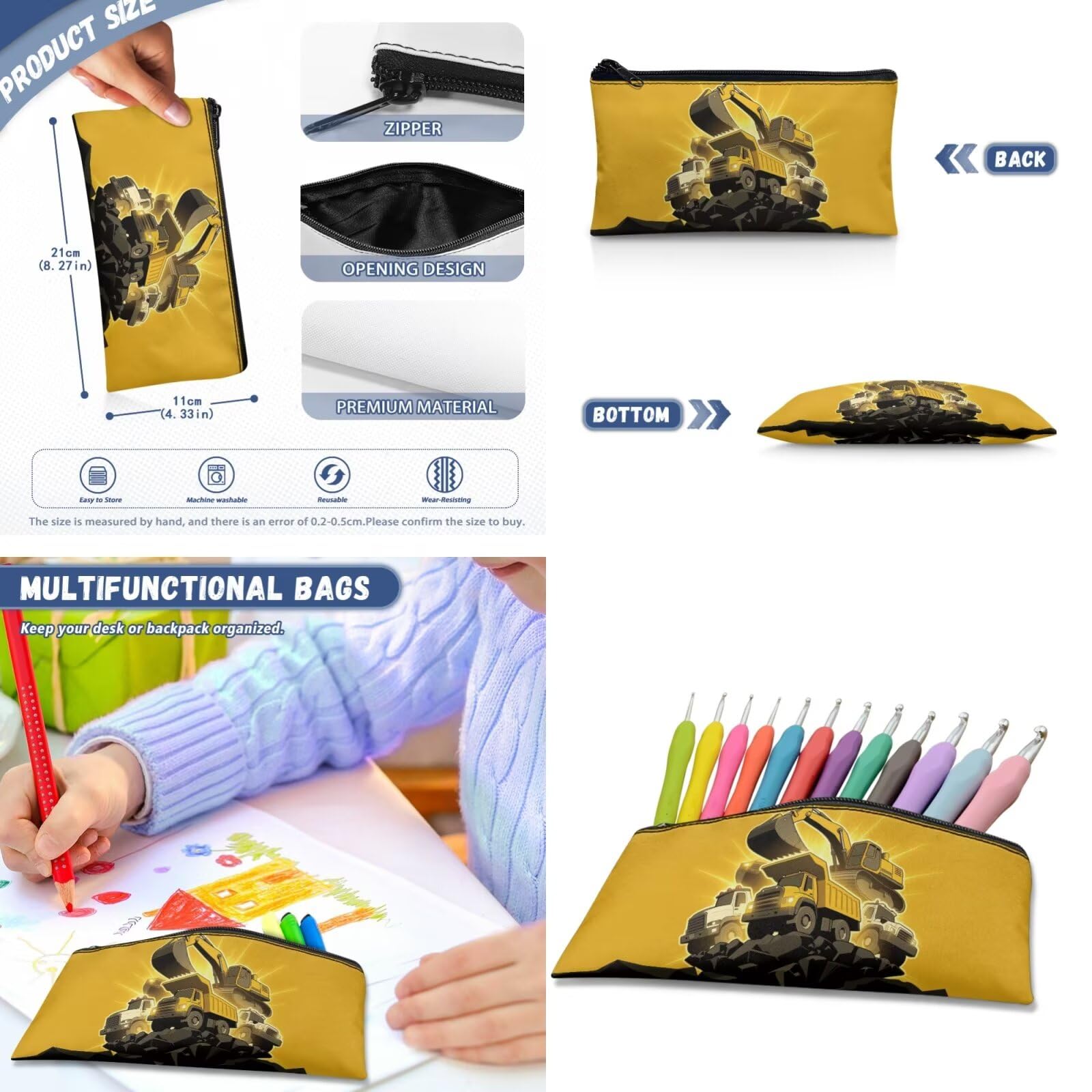 Dolyues Dinosaurier-Rucksack mit Lunchbox für Jungen, 4. Klasse, Schulanfang, Büchertasche für Grundschulkinder, Alter 8–10 Jahre, 4 Stück, Bagger, Tagesrucksack