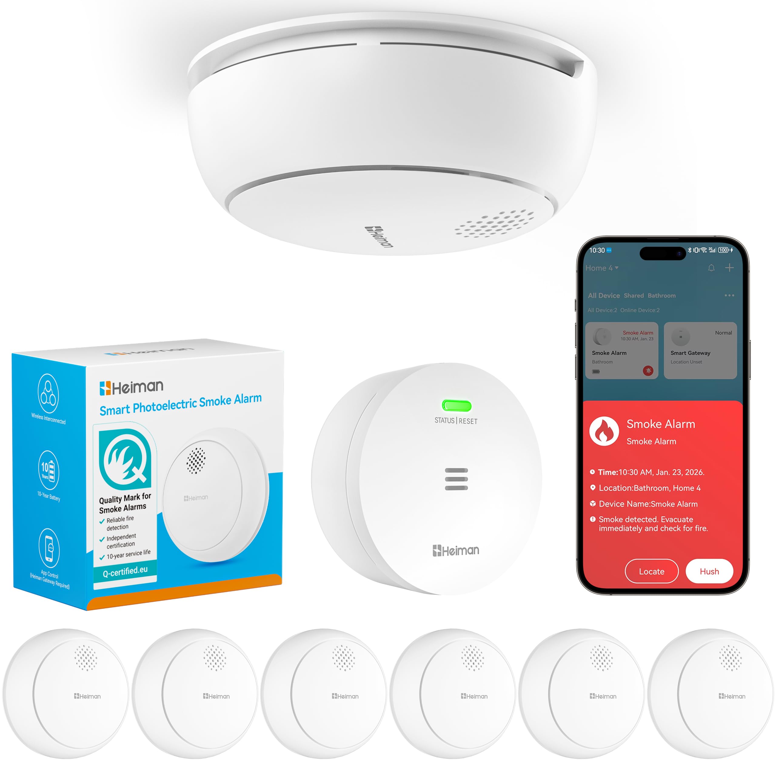 Heiman Smart Home - Set di 6 rilevatori di fumo con controllo gateway e app, batteria da 10 anni, etichetta Q & EN 14604, rilevatore di fumo senza fili con supporto magnetico, rilevatore di fumo