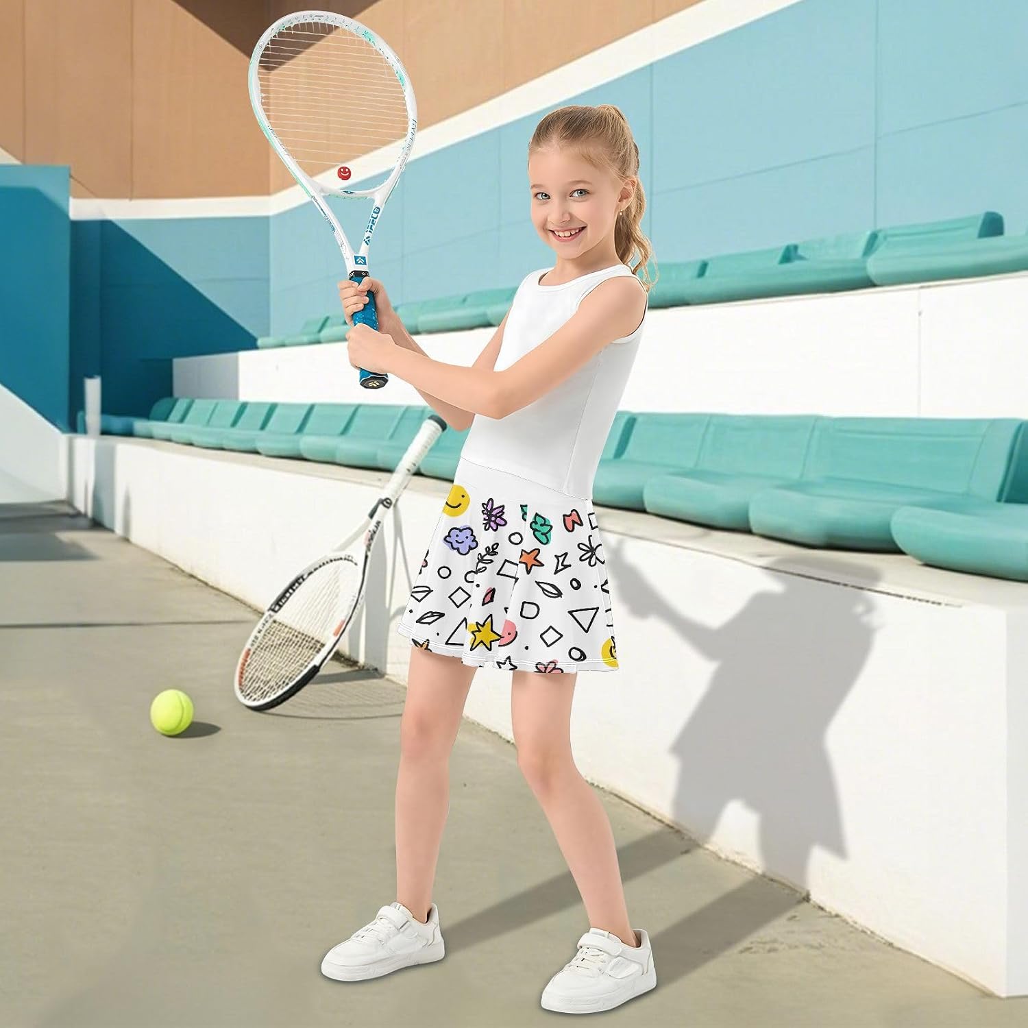 visesunny Simple Cute Patterns Girl's Golf Skirt Athletic Tennis Skort Sport Activewear with Double Layer Pockets