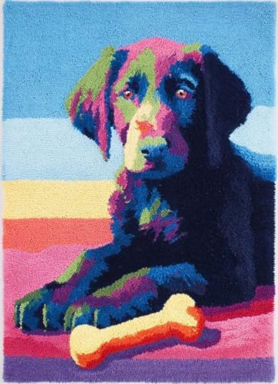 XDEGHUANGSS Latch Hook Rug Kit Flat-Coated Retriever Puppy and Bone Cushion Cover DIY Craft Set Pre-Printed Mat 38x52cm for Home Decor-2