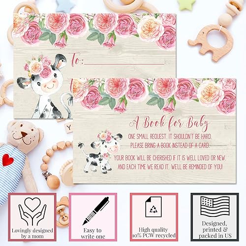 Miniatura 4 de Amanda Creation Tarjetas de vaca floral rosa acuarela "Bring a Book" para baby showers, 20 tarjetas de inserción de doble cara de 2.5 x 4 pulgadas,