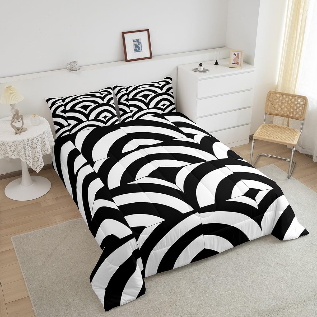 Black and White Duvet Cover Set Toddler,Geometric Stripe Circle Comforter Cover 2Pcs,Abstract Plaid Modern Style Bedding Set Kids Boys Girls Room Decor,Soft Quilt Cover,1 Pillowcase(NO Comforter)