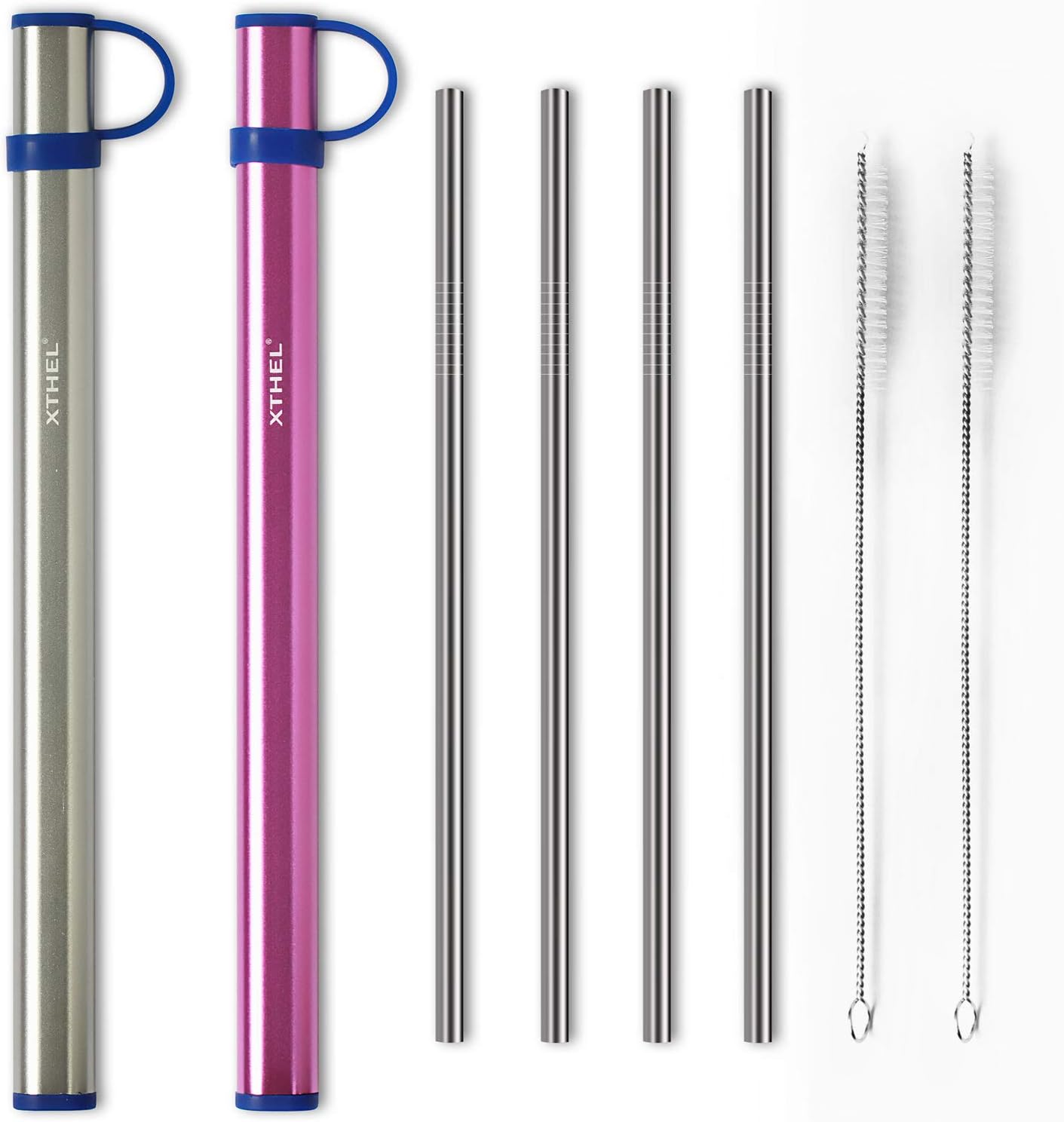 2 Pack Reusable Metal Straws Portable Set with 8.5 Inch Drinking Straws + Color Aluminum Travel Carrying Case + Cleaning Brush(Titanium Grey & Violet)
