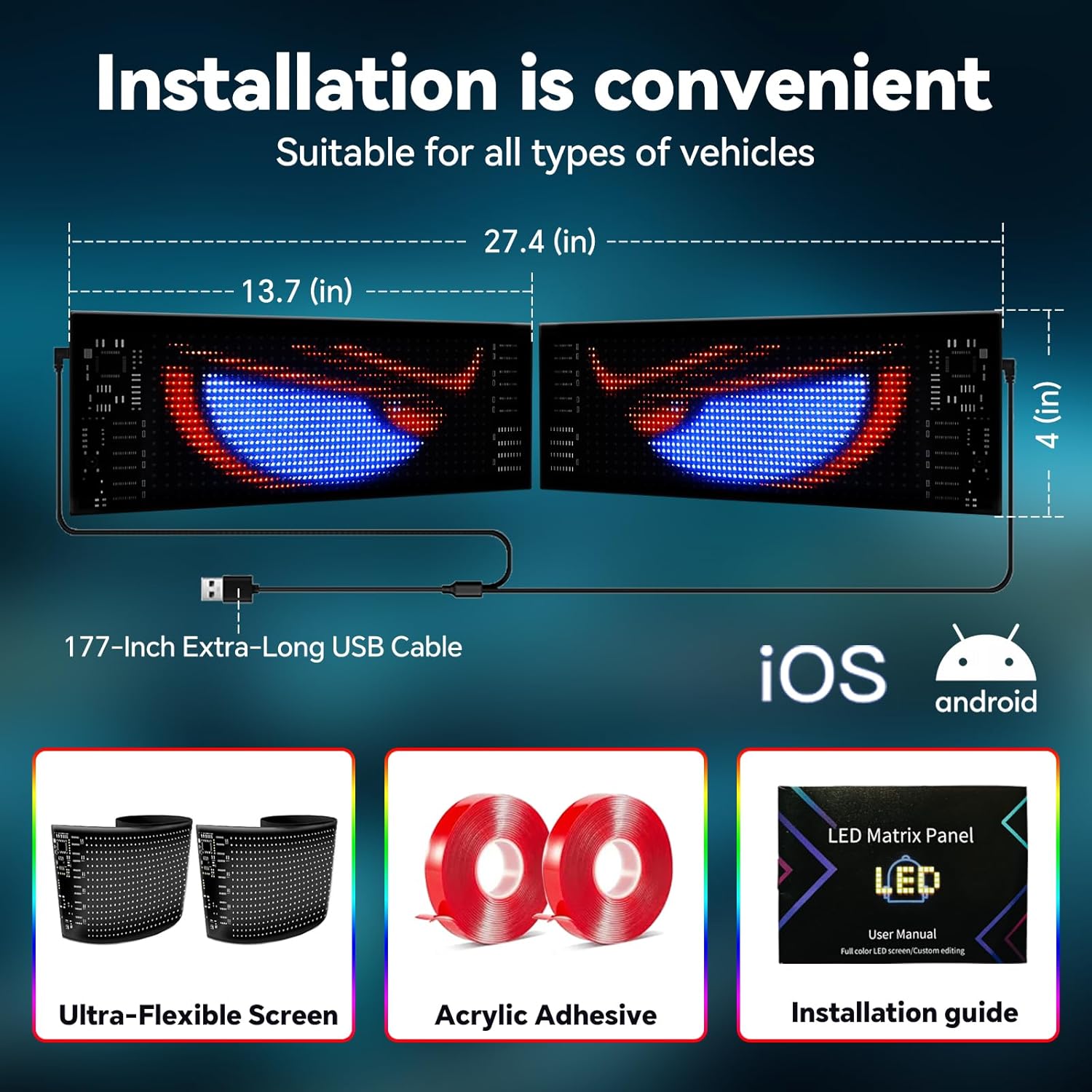 Devil Eyes Windshield LED Light 2PCS 13.7"x4" - Sync Programmable with APP/Remote, 5V USB-Powered IP65 Waterproof Flexible Bright Display & Easy Install for Cars, Trucks, SUVs & Sedans