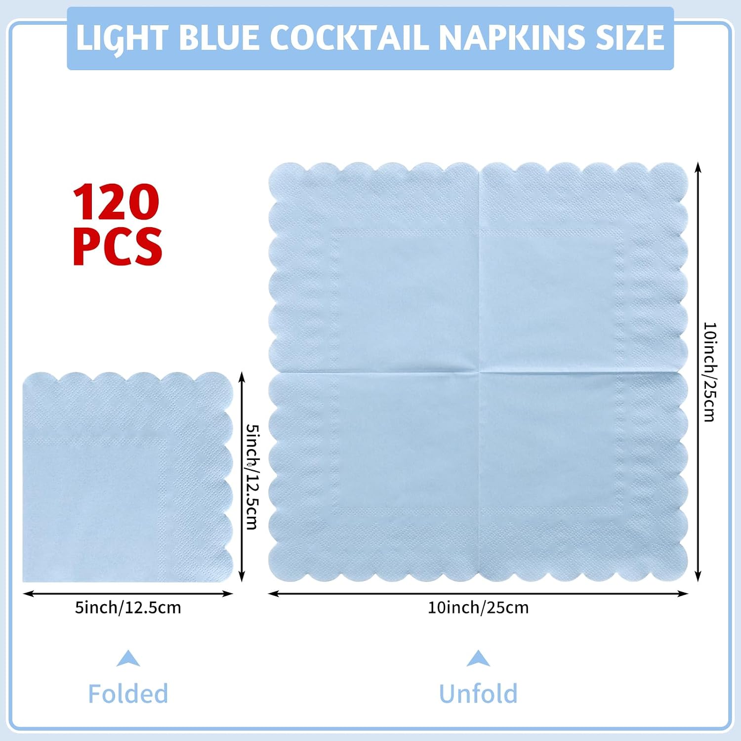 NatNarr 120 Pcs Cocktail Napkins Light Blue Napkins Boy Baby Shower Napkin Disposable Scalloped Blue Beverage Dessert Napkin for Coastal party, Birthday, Bridal Shower, Bachelorette, 5 x 5 Inch