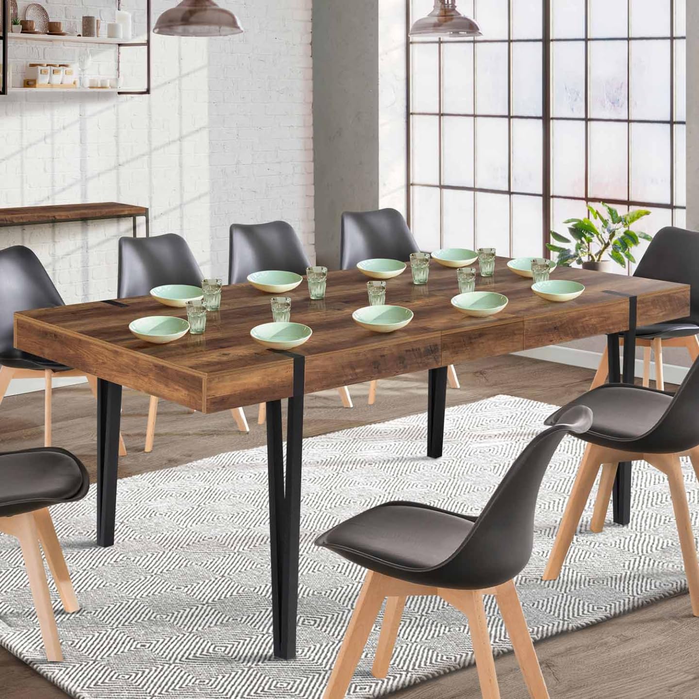 IDMarket Austria - Mesa de comedor extensible rectangular (6-10 personas), color negro