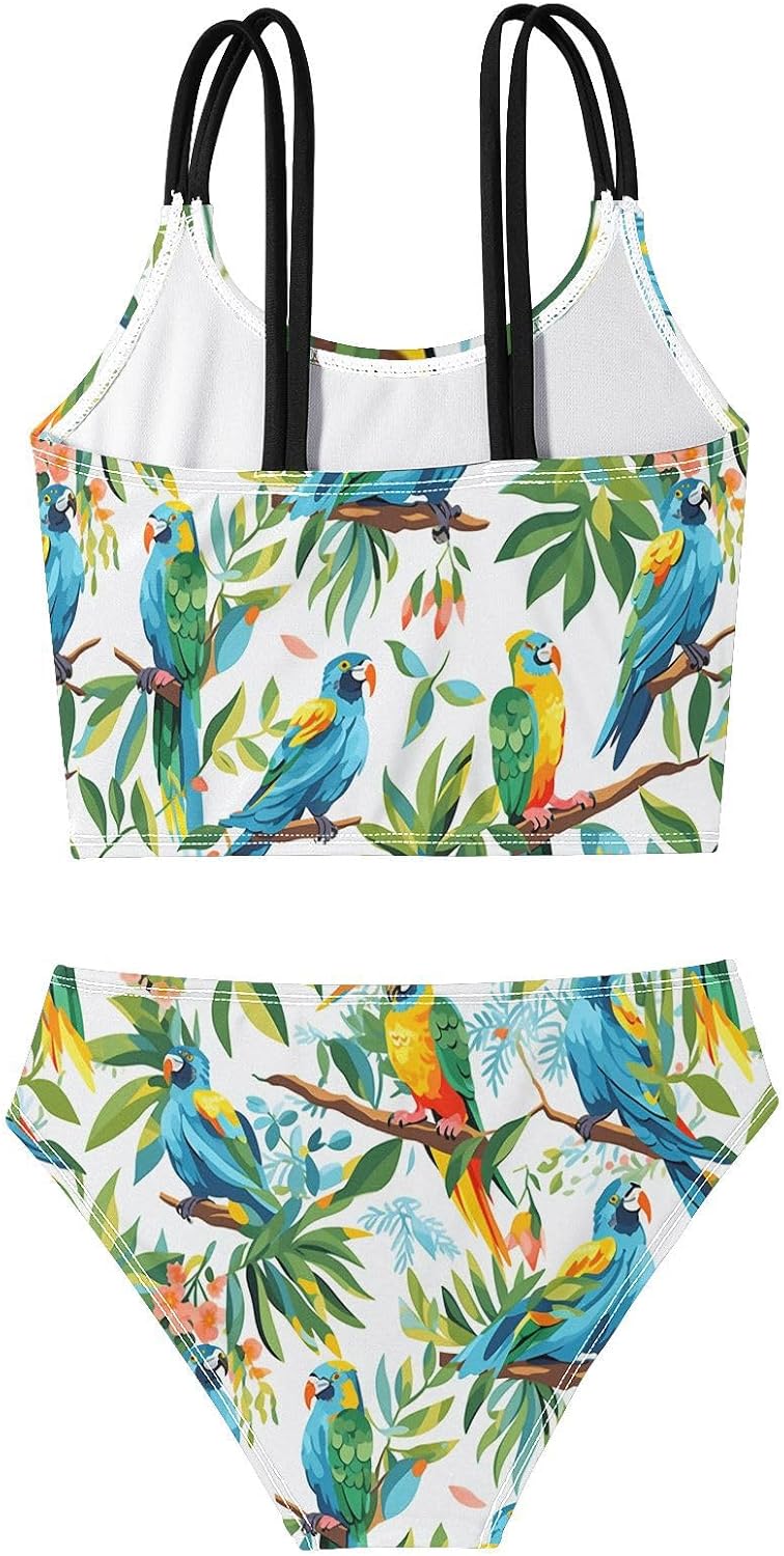 visesunny Girls Two Piece Swimsuits Colorful Macaw Bird Girl's Bikini Sets Bathing Suits for Girls Size 5-12Y