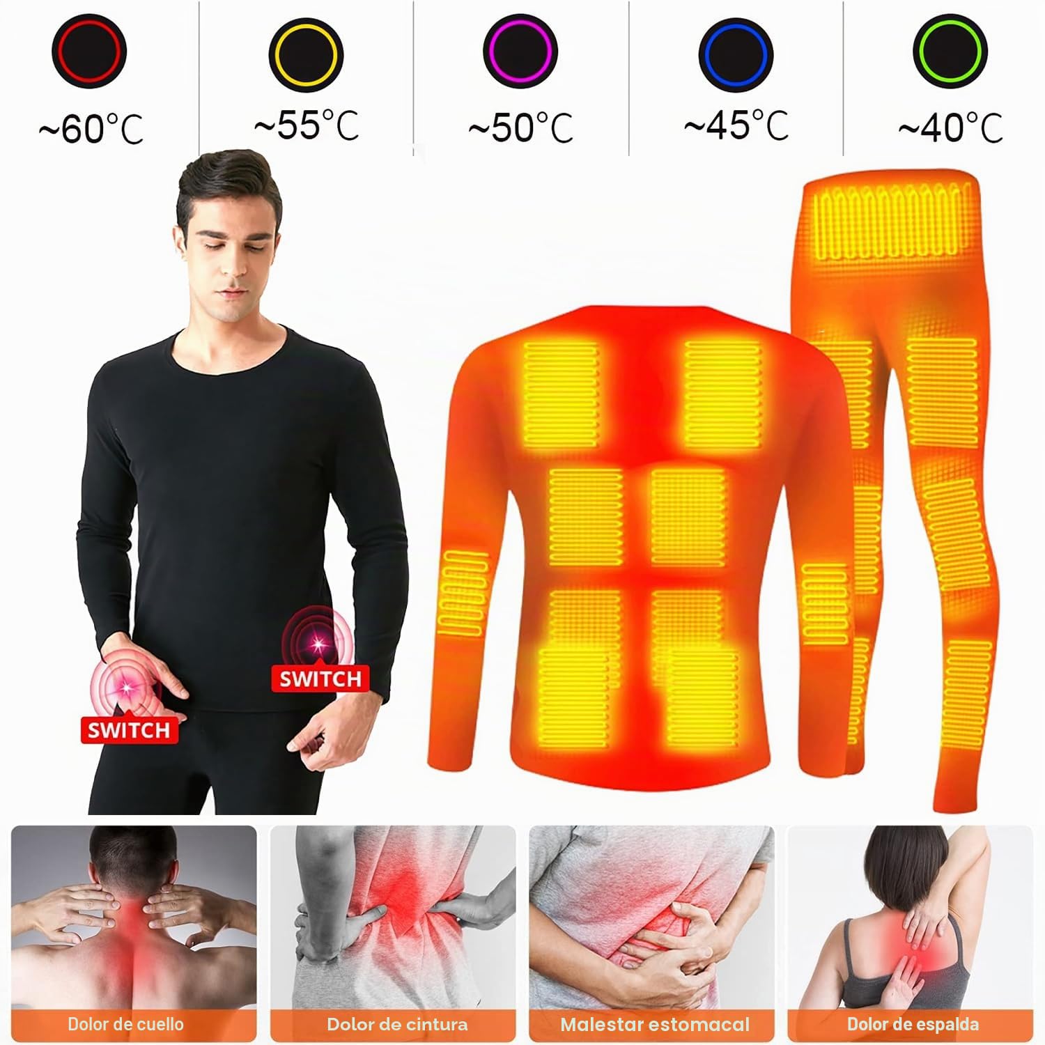 Conjunto Ropa Interior Térmica Calefactable, Ropa Interior Calefactable Hombre con 20 Zonas Calefactables, 5 Temperatura, Camisetas Termicas & Pantalon Termico para Moto Caza Esquí