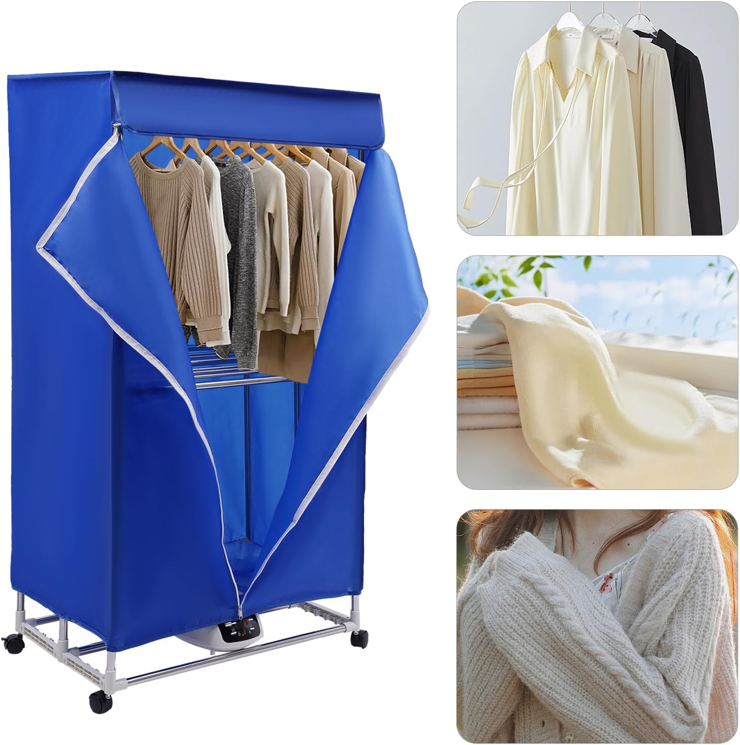 Portable Clothes Dryer, 1200-1500W Electric Dryer with 3 Gears 2-Tier Foldable Portable Travel Mini Dryer Machine with Stainless Steel Rack and 66lbs Capacity for Apartments RVs Homes (Blue)