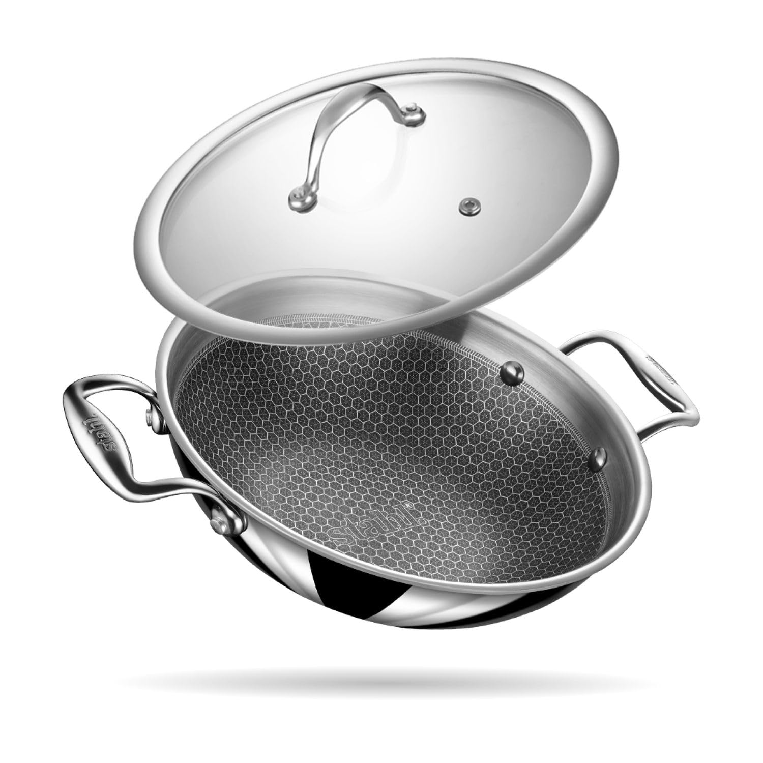 Stahl Triply Non Stick Kadai with Lid | Stainless Steel Kadai with Induction Base | Tri Ply Kadhai Scratch Resistant | Hybrid 6324, Dia 24cm, 2.4L (Serves 4 People)