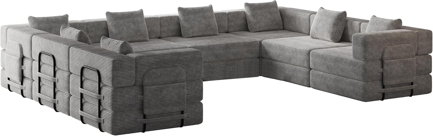 KEIKI 288.4'' 8-Seater Folding Sofa Bed, Corduroy Fabric Convertible Sofa with Cushions & Side Storage Pockets, Pull-Out Floor Mat Couch for Living Room, Bedroom & Study, Space-Saving, Grey