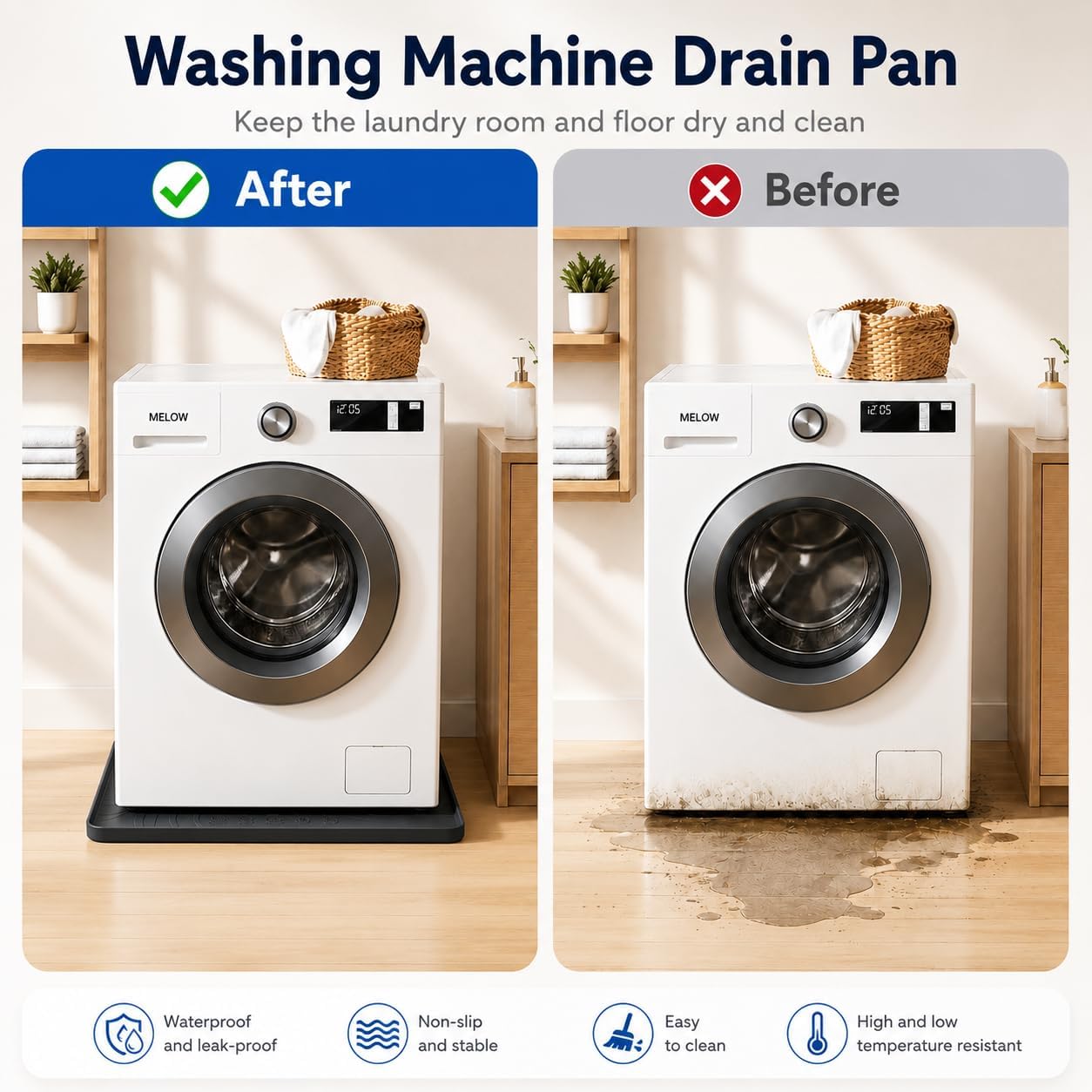 30 x 28 Inch Silicone Washing Machine Drain Pan, 0.6-Inch Raised Edge Washer Drip Tray, Waterproof Non-Slip Washer Dryer Mat for Floor Protection, Fits Standard and Large Washers, grey