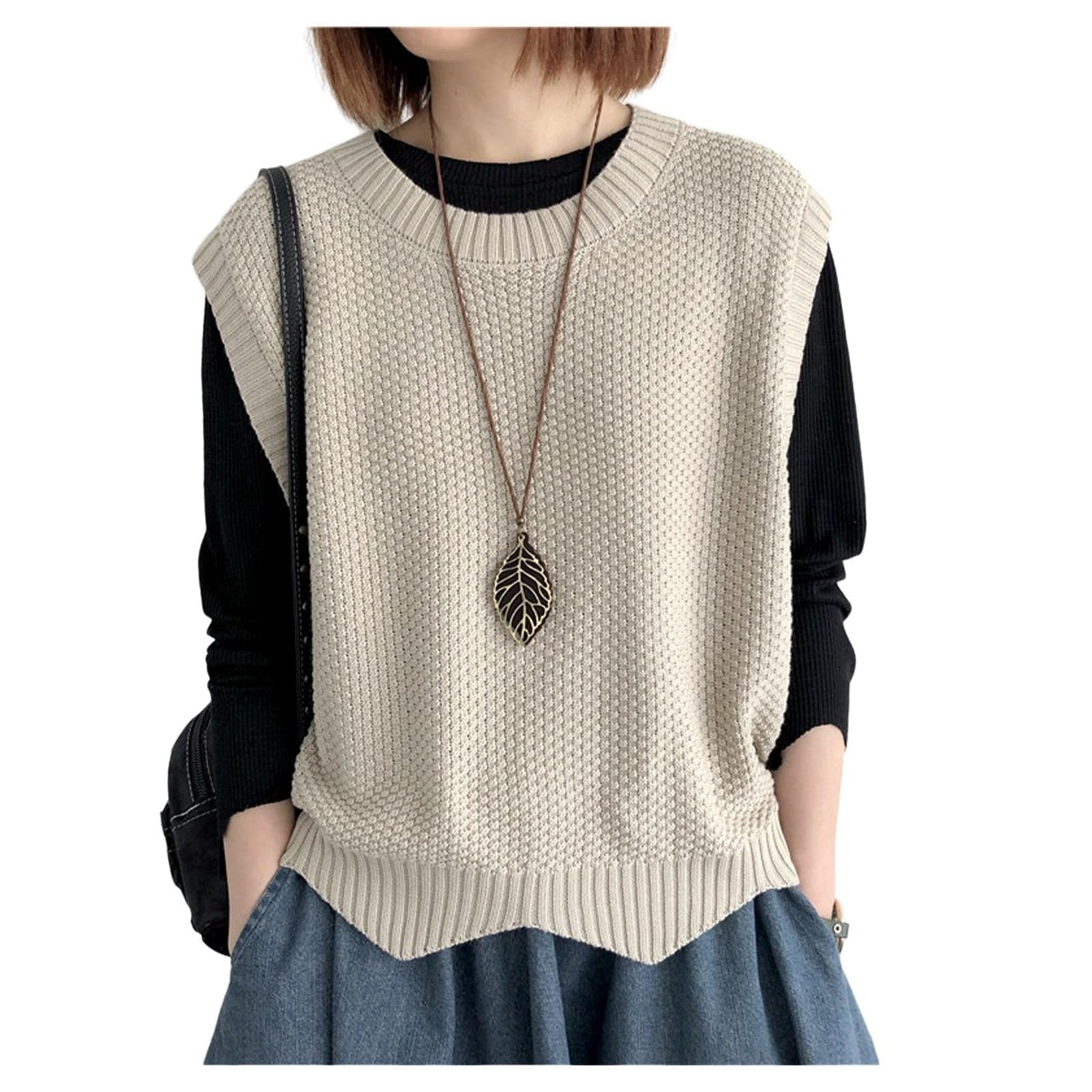 Chejooe Unisex Beige Women's Knitted Vest Knitwear Sweater Vest Knit Jumper Loose Round Neck Sleeveless Jumpers Tank Top (Color : Size : M)