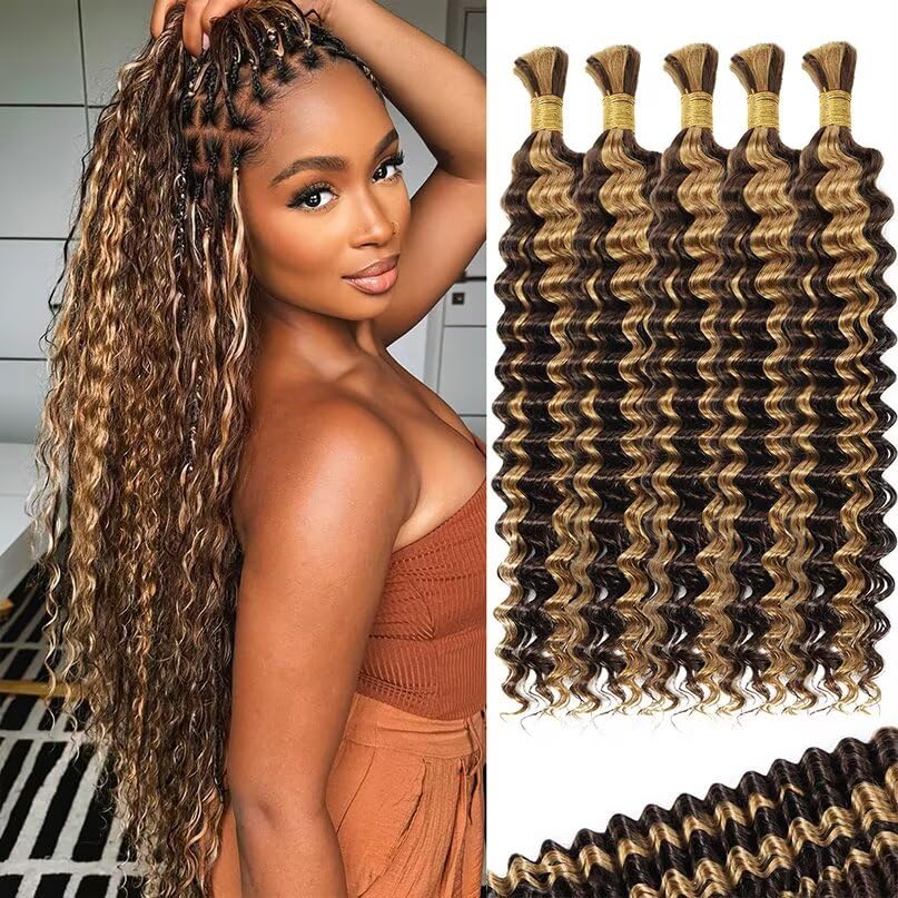 12A P4/27 Ombre Brown Blonde Human Braiding Hair for Boho Braids 5 Bundles 24 Inch 160g Deep Wave Braiding Hair for Bohemian Knotless Braids 100% Unprocessed Virgin Bulk Hair Extensions No Weft