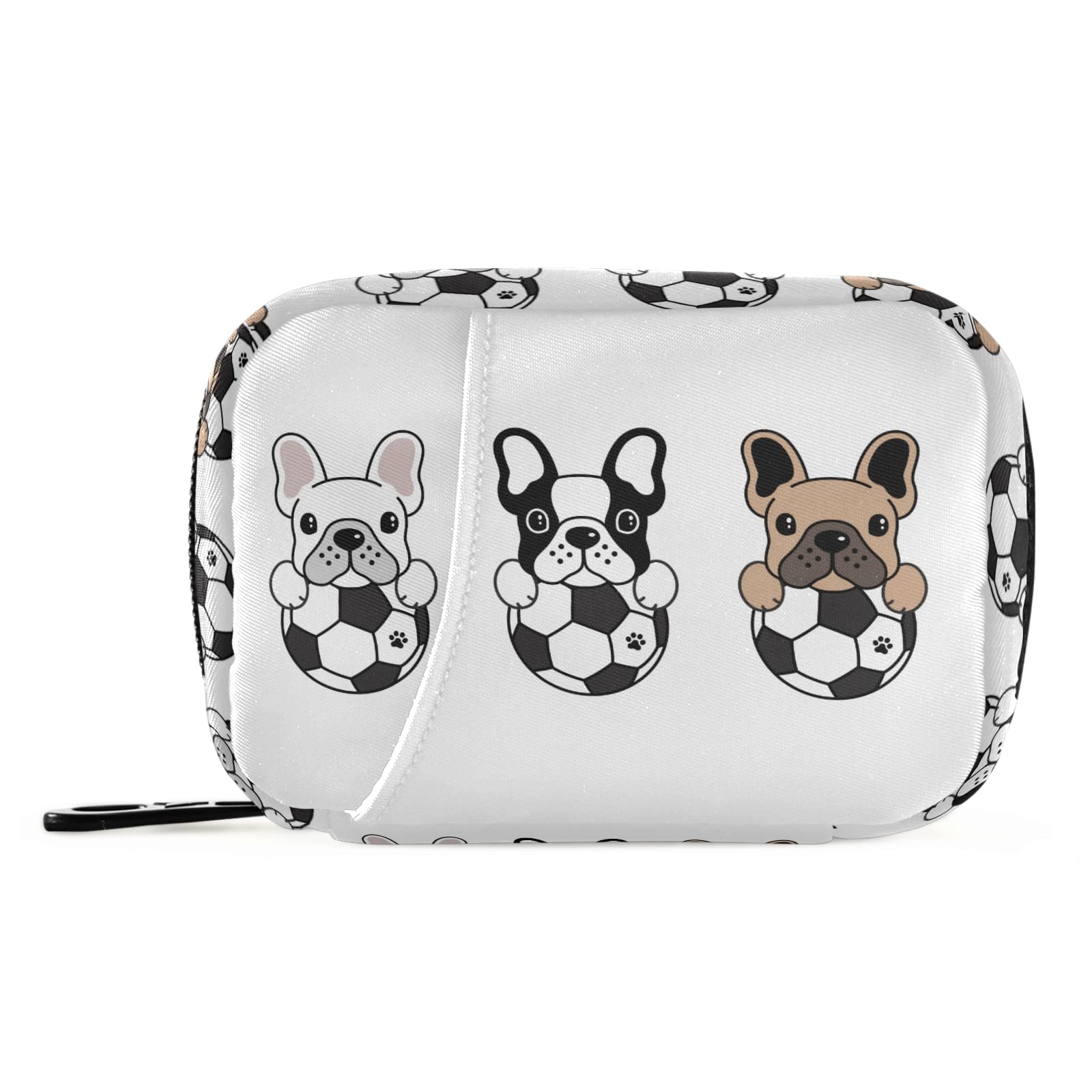 Naanle French Bulldog Football Soccer Pill Box 7 Day Pill Case Travel Pill Organizer Bag with Zipper Portable Weekly Case Compact Size for Vitamin Supplement Holder Home
