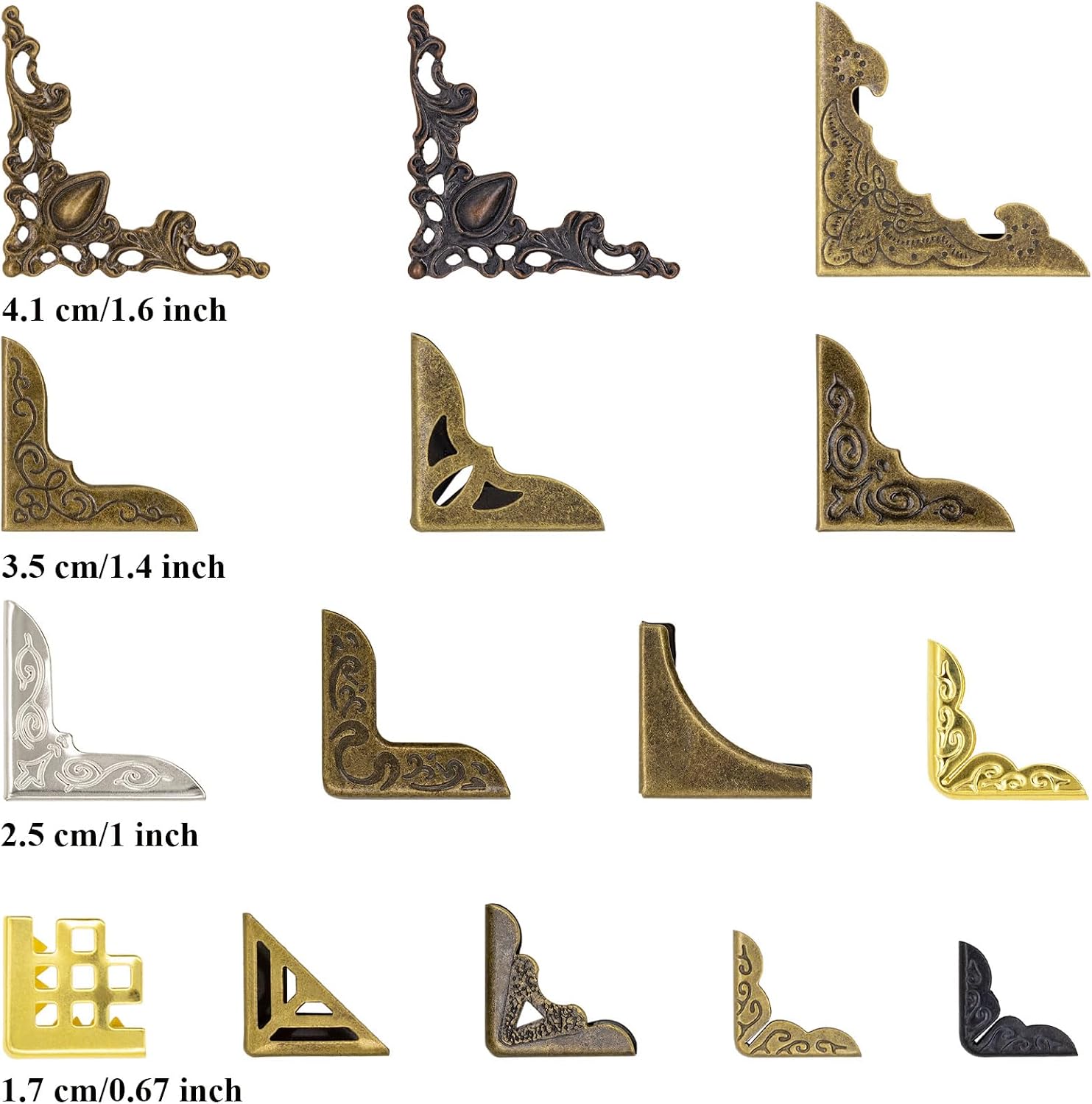60PCS Metal Book Corner Protector Bronze Metal Book Corner Vintage Antique Book Scrapbooking Corner Protector for Desk Jewelry Case Box Book Scrapbooking Albums Menus Triangle Carved 15 Styles