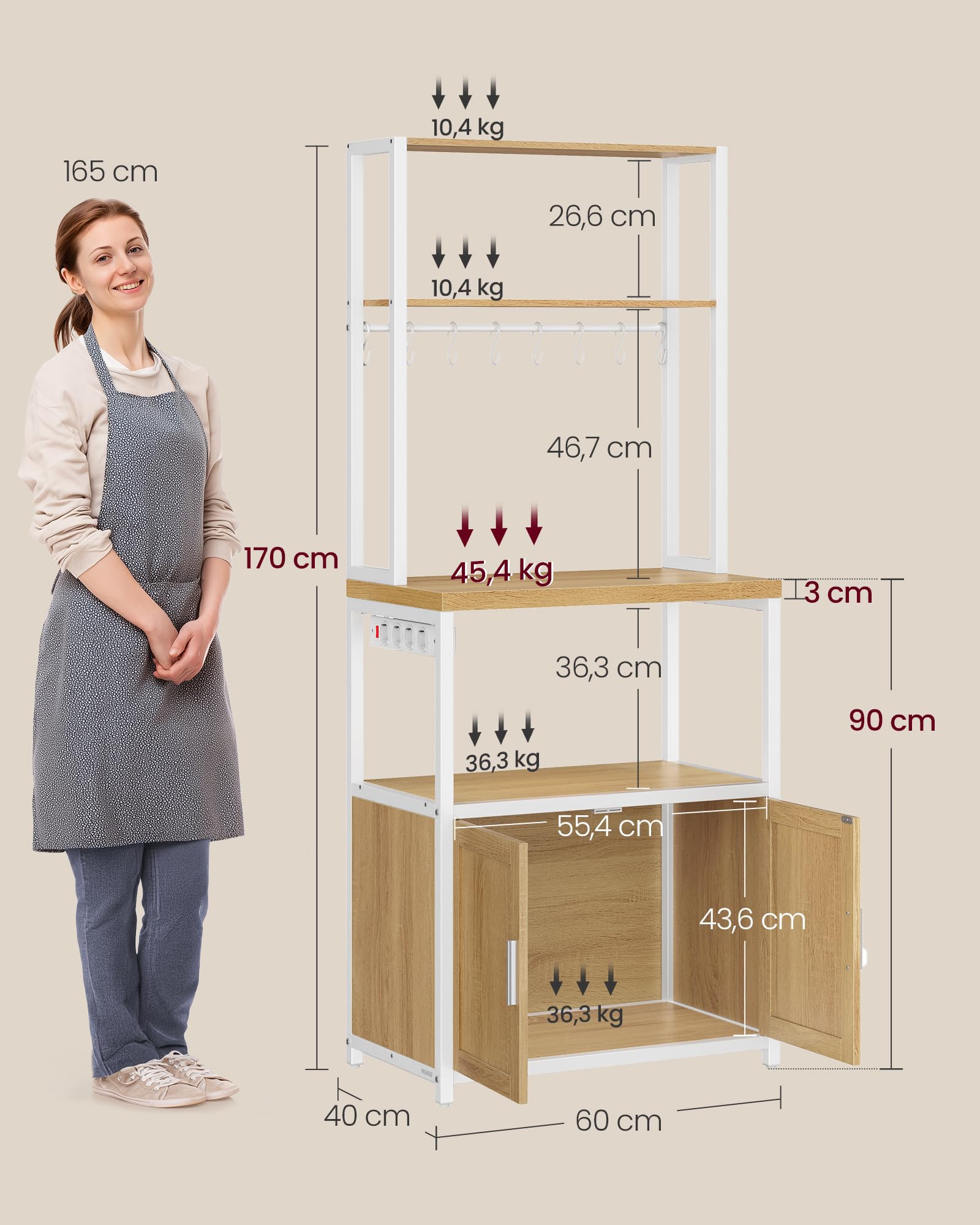 VASAGLE Küchenregal mit Steckdosen, Küchenschrank, 90 cm hoher Arbeitsplatte, Standregal mit 8 Haken, 40 x 60 x 170 cm, goldeichenfarben-wolkenweiß KKS058Y02