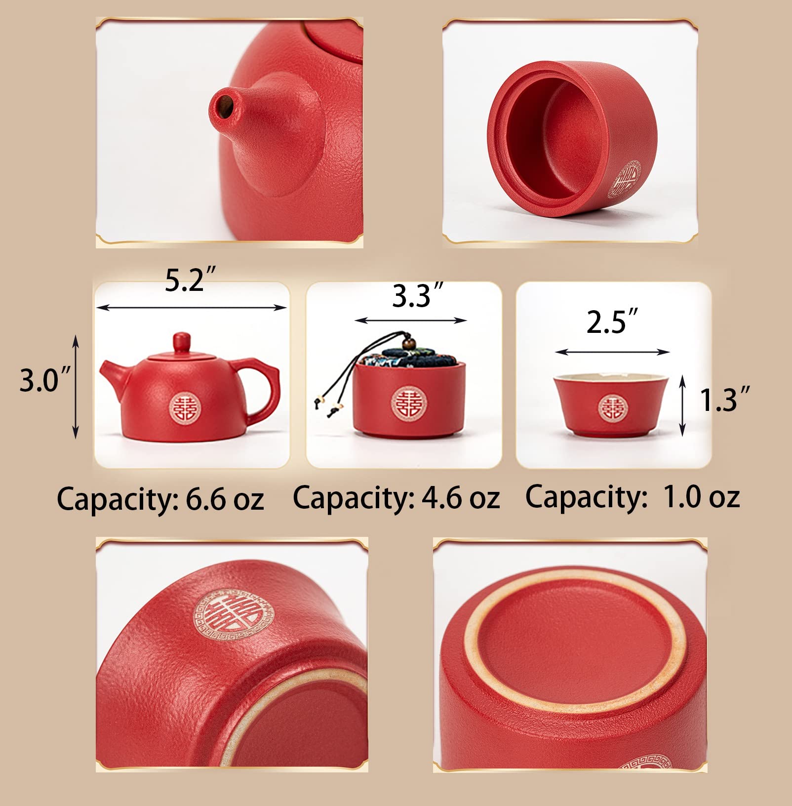 Chinese Kung Fu Tea Set Teapot Double Happiness Porcelain Red Wedding Tea Set Teapot, Chinese Traditional Wedding Decoration Supplies, Creative Ceramics Tea Service Set (Color : 1 pot 6 Cups)