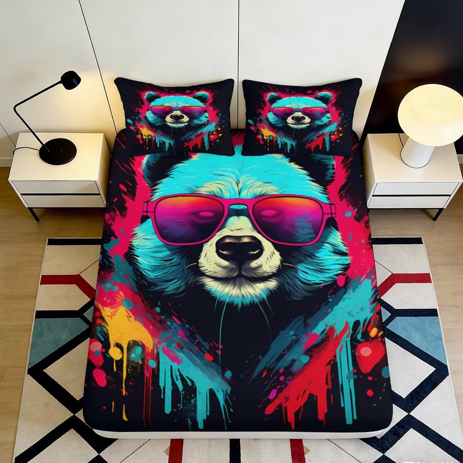 3D Printed Cool Panda Fitted Sheet Microfiber Elastic Hem Bedroom Bedding Set Trendy Panda Mattress Fitted Cover Deep Pocket Washable 160x200x25cm