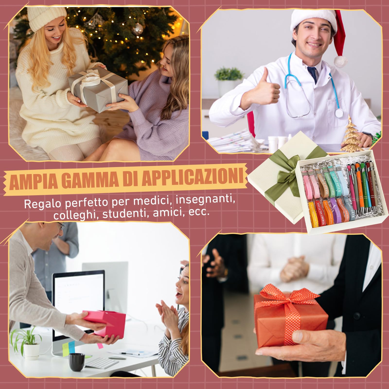 Jadive 12 Set de Regalo para Colegas Bolígrafos Motivacionales en Italiano Bolígrafo con Proverbios Llavero Motivacional de Silicona Bolsa de Organza Regalo para Empleados y Profesores