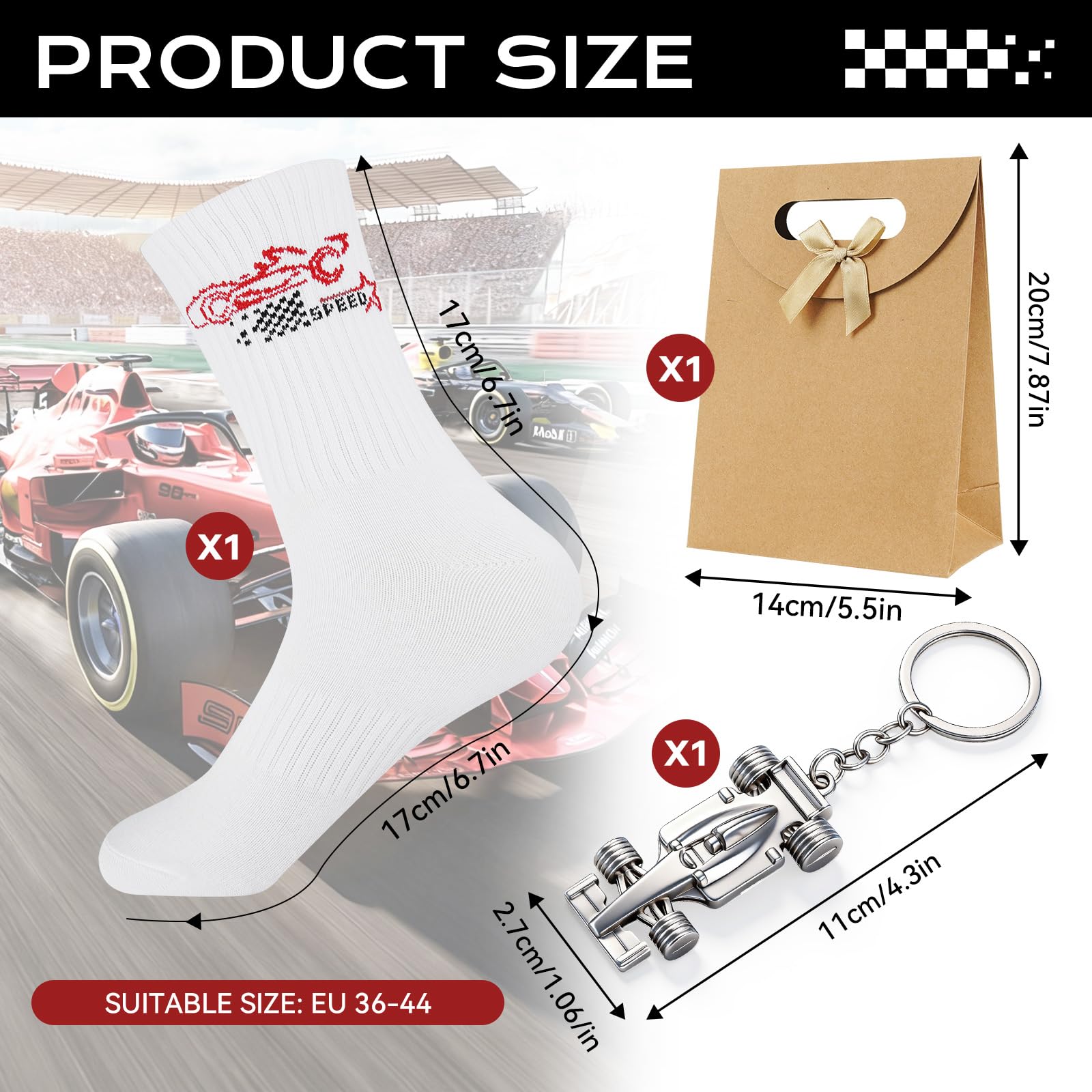 Leikedun Regalo di compleanno per gli appassionati di auto da corsa F1, calzini con ricamo f1 auto da corsa con portachiavi, regalo per la formula 1 amante