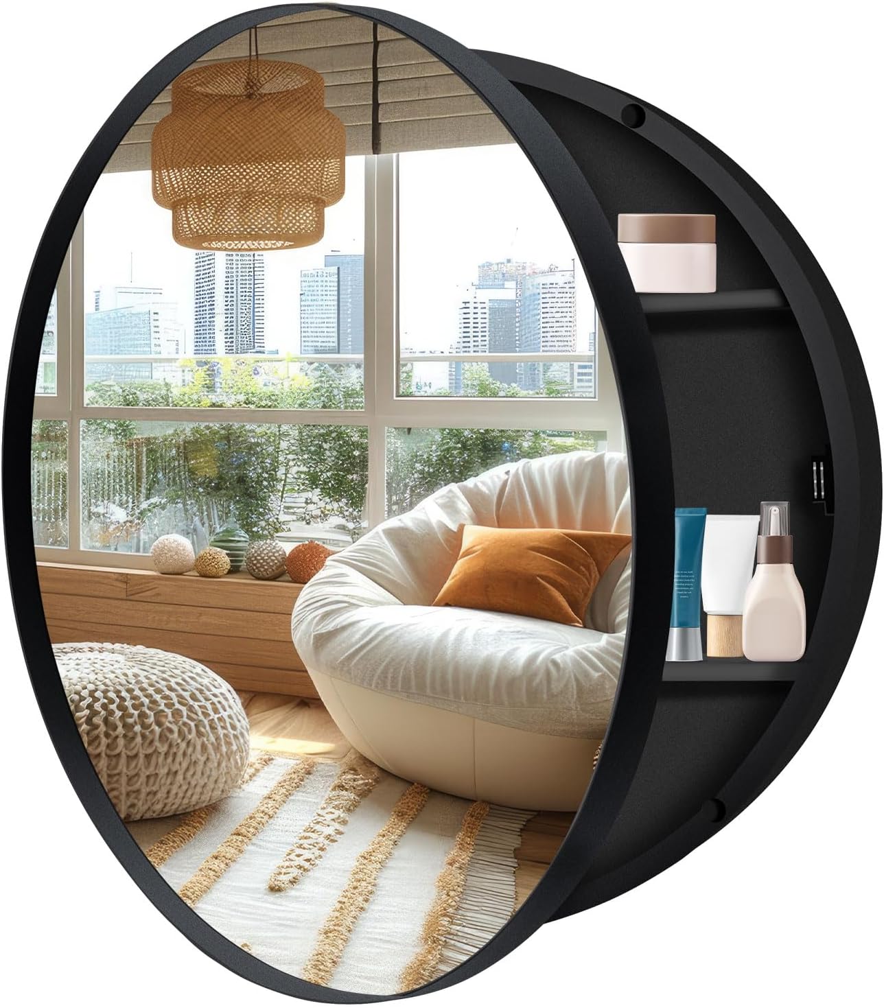 30 Inch Round Medicine Cabinet with Mirror,Farmhouse Black Bathroom Medicine Cabinet for Wall Metal Framed, Surface Mount Only Circular Storage Cabinet with Vanity Mirror Black 30 Inch