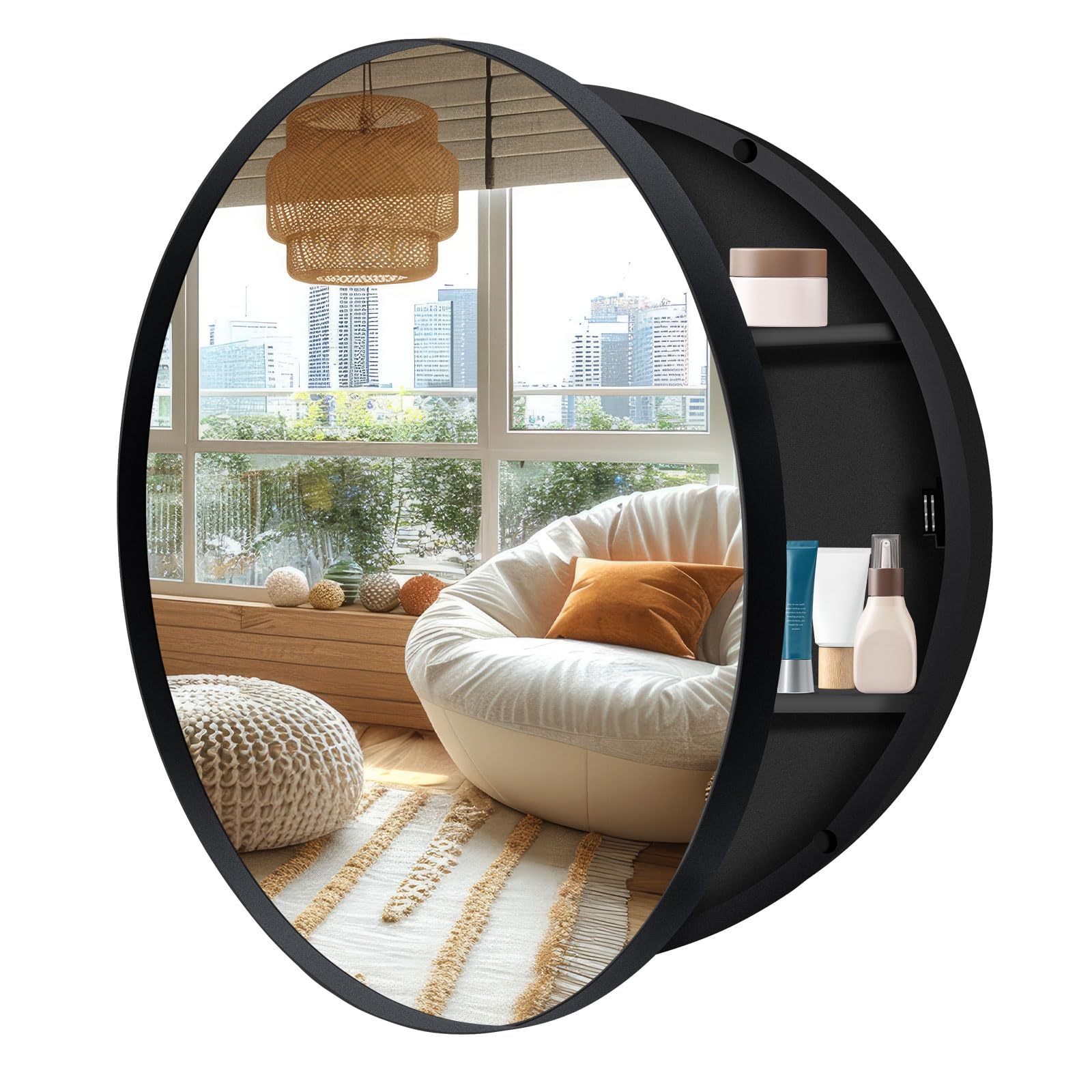 30 Inch Round Medicine Cabinet with Mirror, Black Farmhouse Bathroom Storage Cabinet, Metal Frame Circular Vanity Mirror Cabinet, Surface Mount Only –