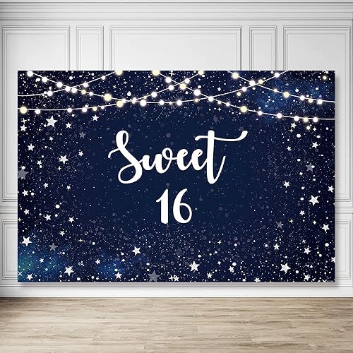 Miniatura 3 de Telón de fondo de noche estrellada dulce 16, estrellas blancas, cielo nocturno, decoración de fiesta de cumpleaños número 16, fondo de galaxia,