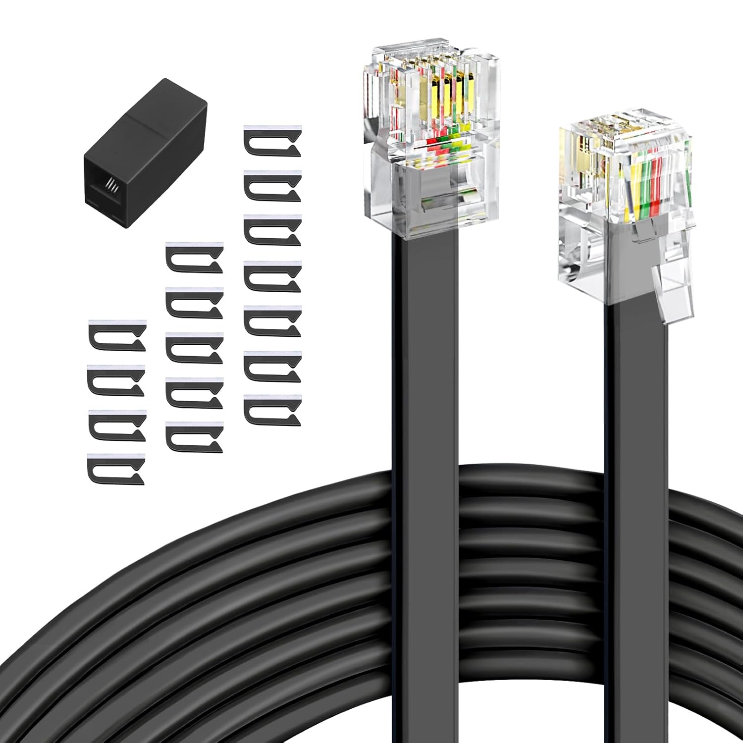 Phone Extension Cord 25 Ft, Telephone Cable with Standard RJ11 Plug and 1 in-Line Couplers and 20 Cable Clip Holders, Black