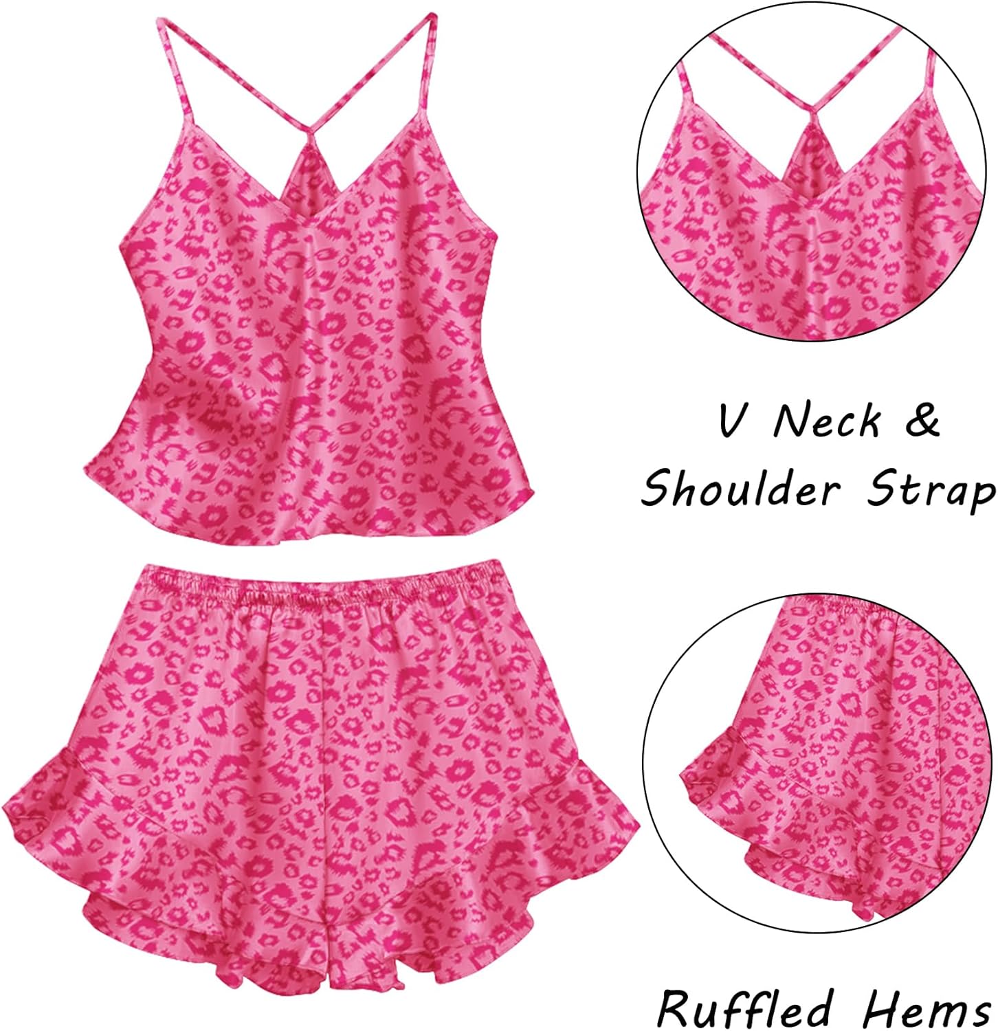 Ekouaer Satin Pajama Set for Women 2 Piece Camisole Top and Shorts Silk Lingerie with Ruffle Floral Nightwear - Image 4