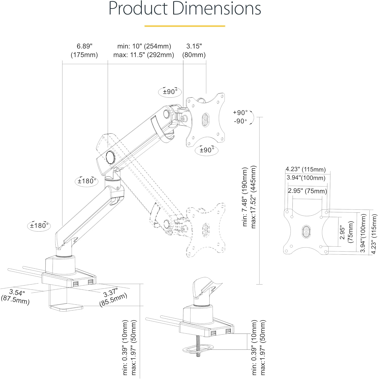 StarTech.com Desk Mount Monitor w/with 2X USB 3.0 Ports for VESA Display up to 34" (17.6lb/8kg), C-Clamp/Grommet, Mechanical Spring