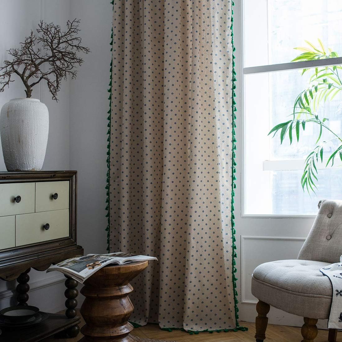 vctops Farmhouse Style Floral Print Cotton Linen Window Curtain Panel with Green Tassels 1 Piece, 59" x 94" Green