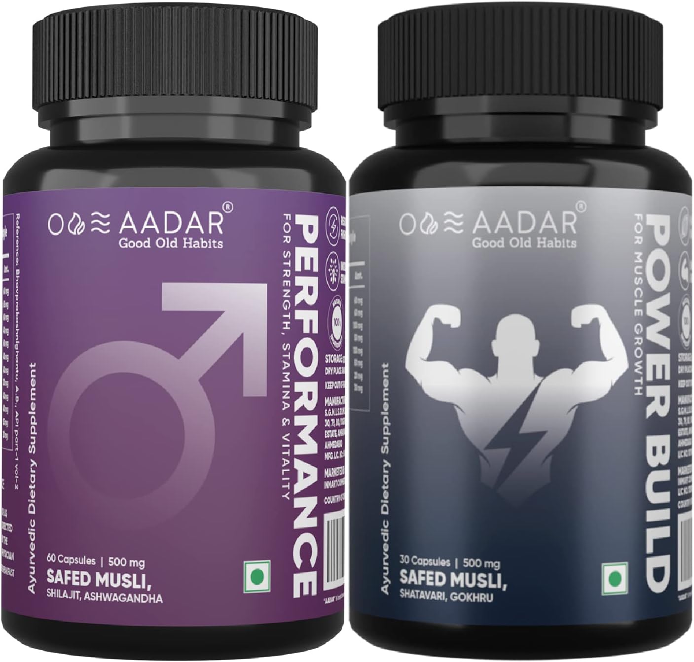 AADAR Ayurvedic Performance & Power Build Capsule Combo pack | Helps in Muscle Growth & Improves strength| Made of Safed Musli, Ashwagandha, Shatavari, Gokshura(60 Capsule & 30 Capsule)