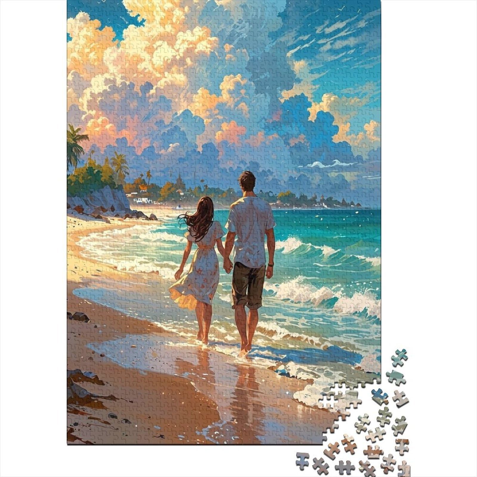 Couple Beach 1000 Piece Jigsaw Puzzle Paperboard for Adults Realistic Style Sunset Seaside Relaxing Wall Art Decor Stress Relief Activity