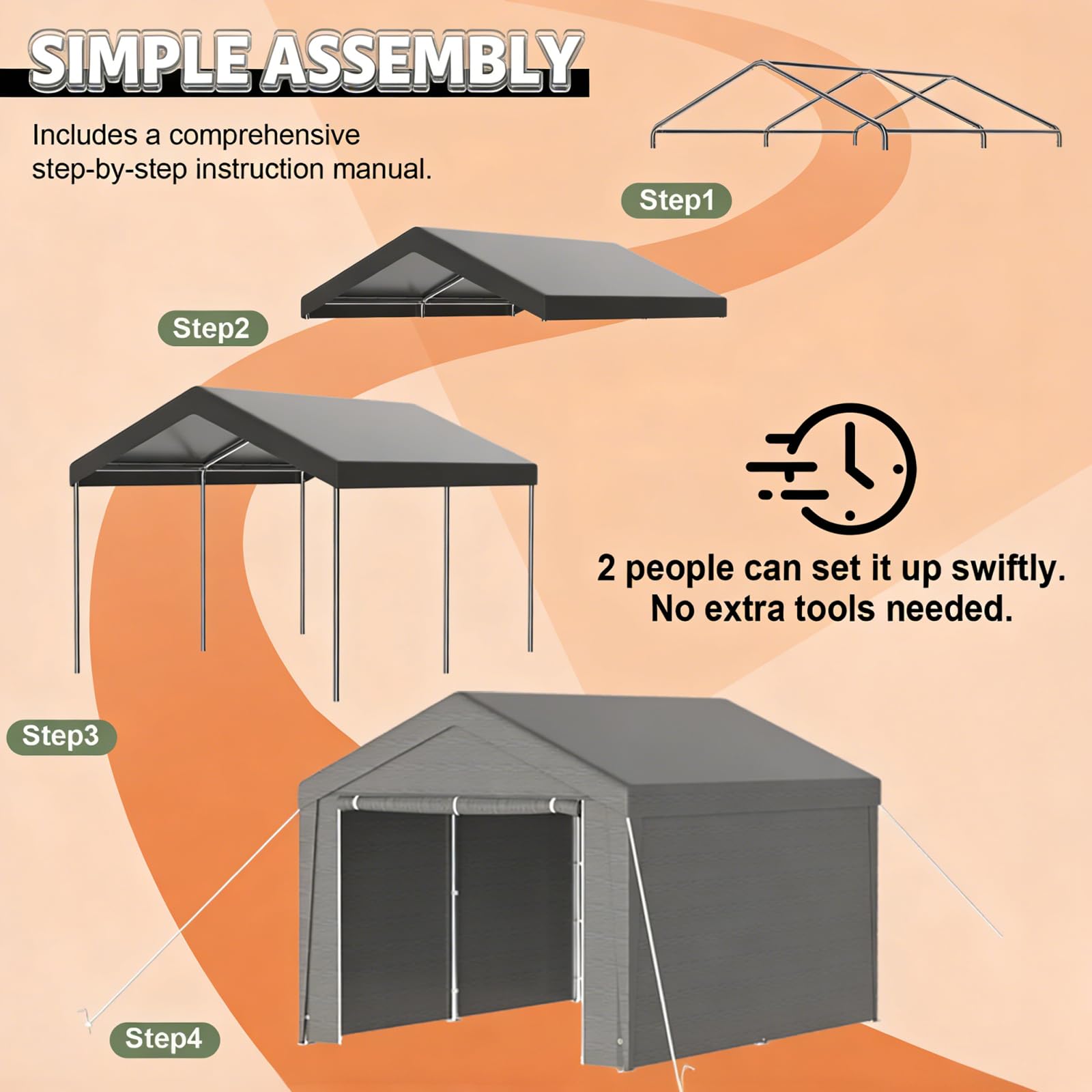 Tente de Garage 3x4m, Carport Abri Voiture avec Bâche PE & Porte Enroulable, Tente de Stockage Pliant Exterieur avec Parois Latérales Amovibles pour Moto Vélos Outils, Gris